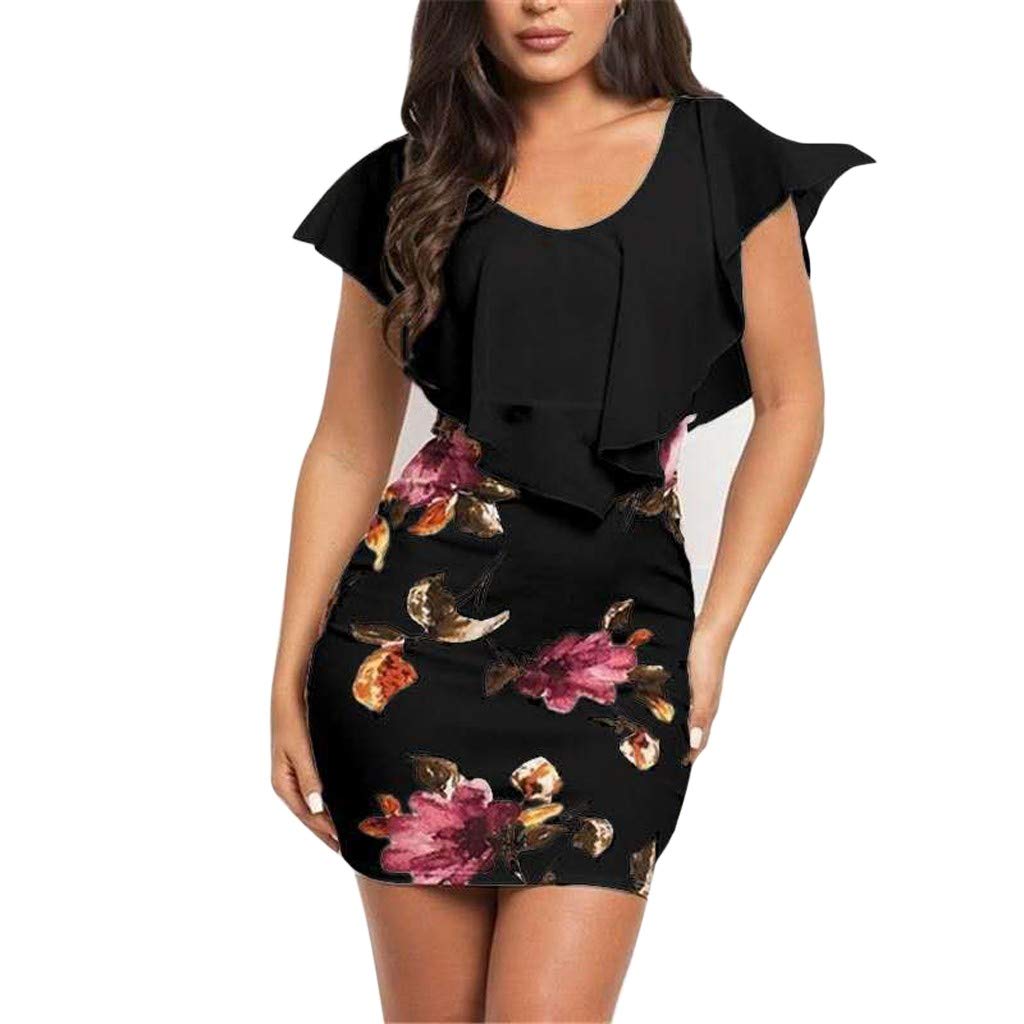 KASAAS Women's Floral Print Bodycon Dress - Sexy Sleeveless Crewneck Ruffled Mini Dress for Summer, Casual Wear & Party Outfits | Perfect for Date Nights, Club Events & Beach Vacations