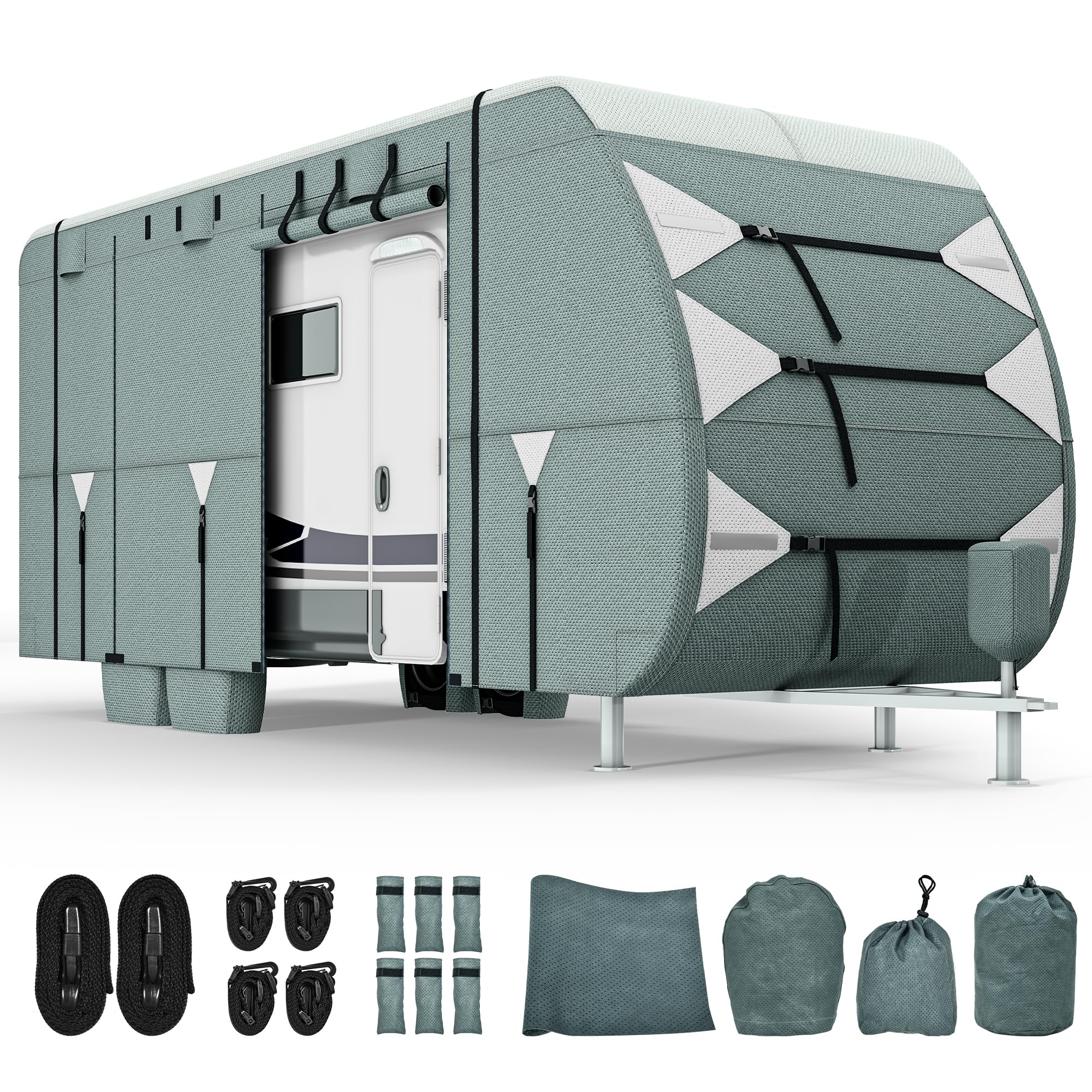 YITAHOME 18-20ft RV Cover - Heavy Duty Waterproof Windproof Camper Trailer Cover with UV Protection, 2 Straps & 4 Tire Covers - Perfect for Travel Trailers, Motorhomes, and Campers in All Weather Conditions