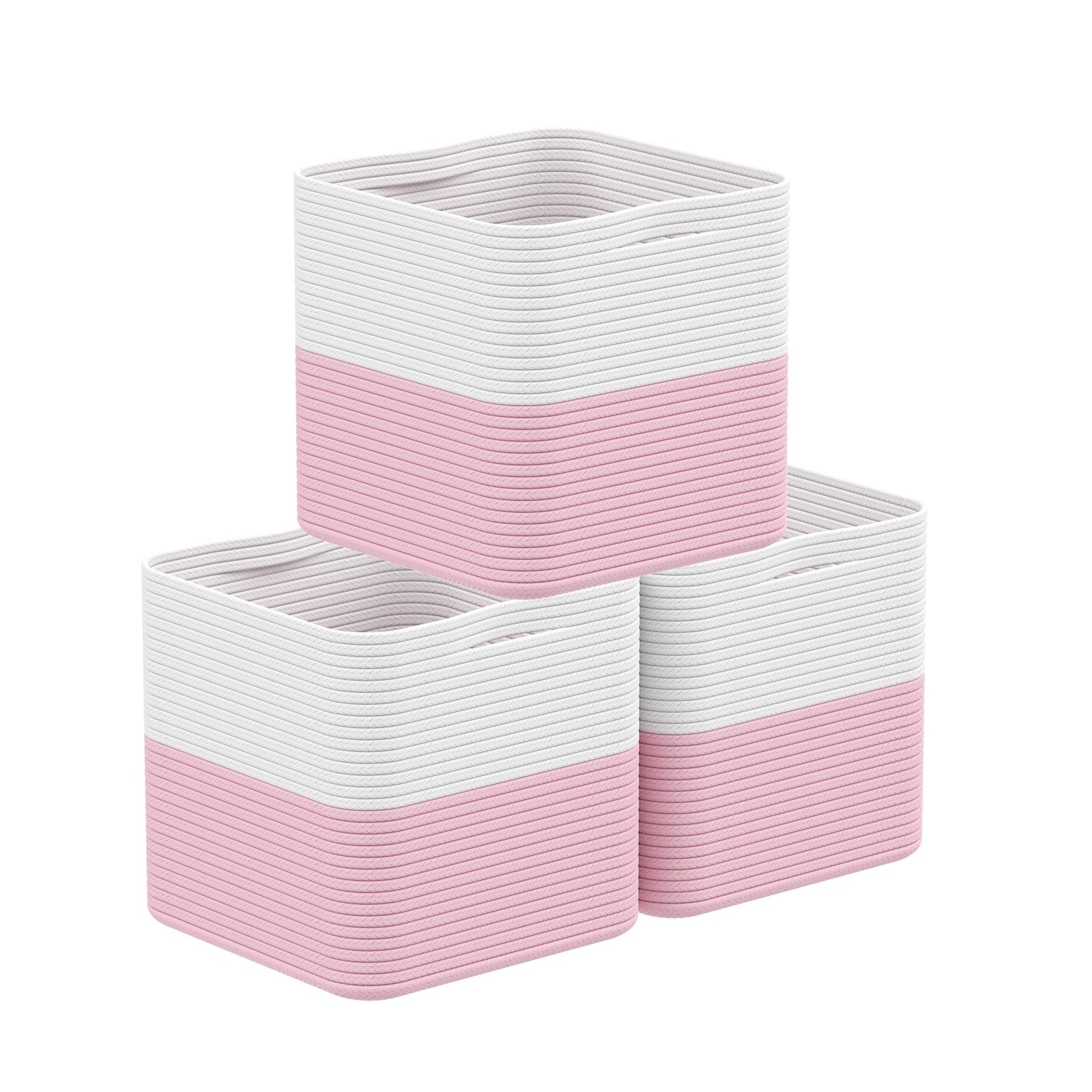11 Inch Woven Cotton Rope Storage Baskets - 3 Pack Pink Decorative Organizer with Handles for Toys, Blankets, Laundry | Perfect for Living Room, Closet & Nursery Organization