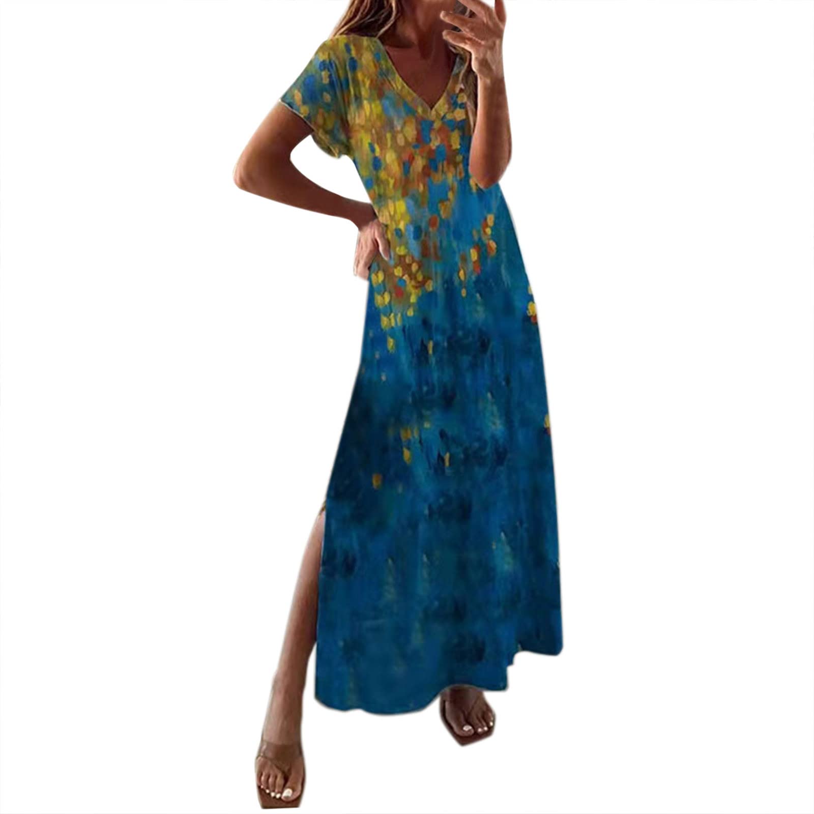 Women's Floral Print Casual Knit Dress - Elegant Loose Fit Short Sleeve Summer Dress with Side Slit | Perfect for Beach Vacation, Date Night & Office Wear