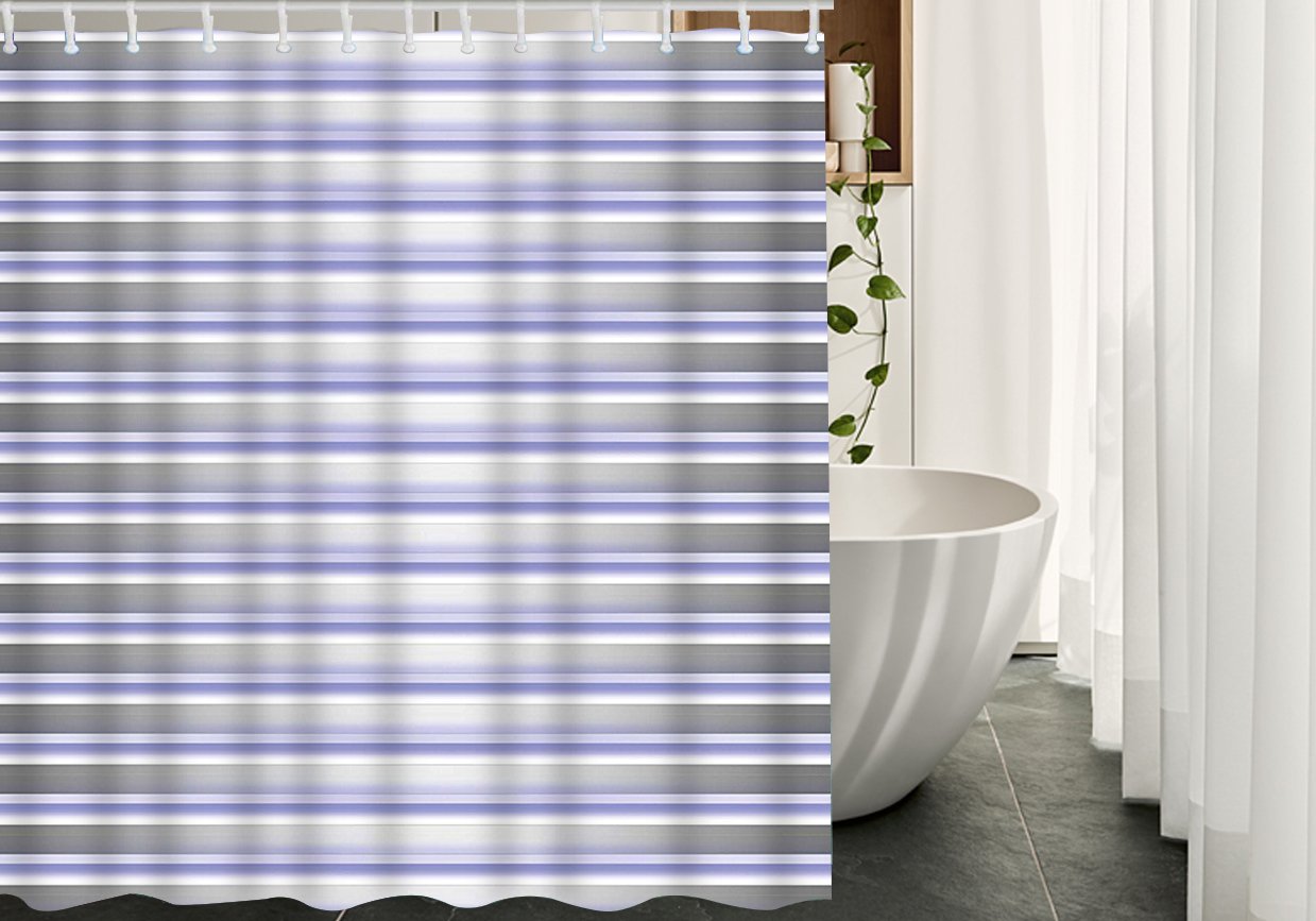 Moslion Striped Shower Curtain Set - 60x72 Inch Horizontal Lavender Stripe Polyester Fabric Bathroom Decor with Hooks (White, Gray, Purple) - Perfect for Modern Bathrooms, Guest Rooms & Spa-Style Showers