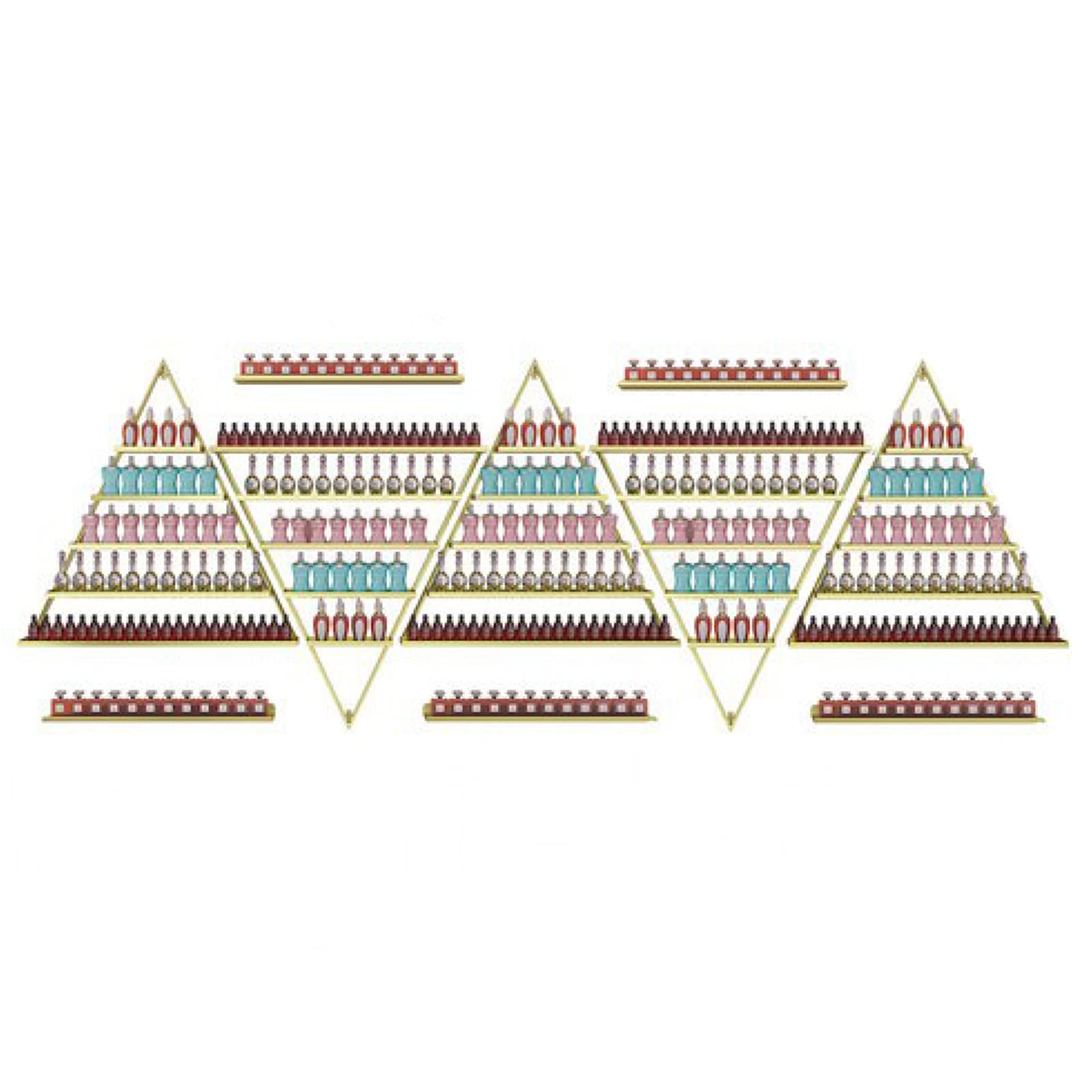 10-Piece Metal Nail Polish Organizer Set - 5-Tier Wall Mounted Display Rack Holds 550 Bottles, Gold Triangle Essential Oil & Nail Polish Storage Shelf for Salon, Spa & Home Decor