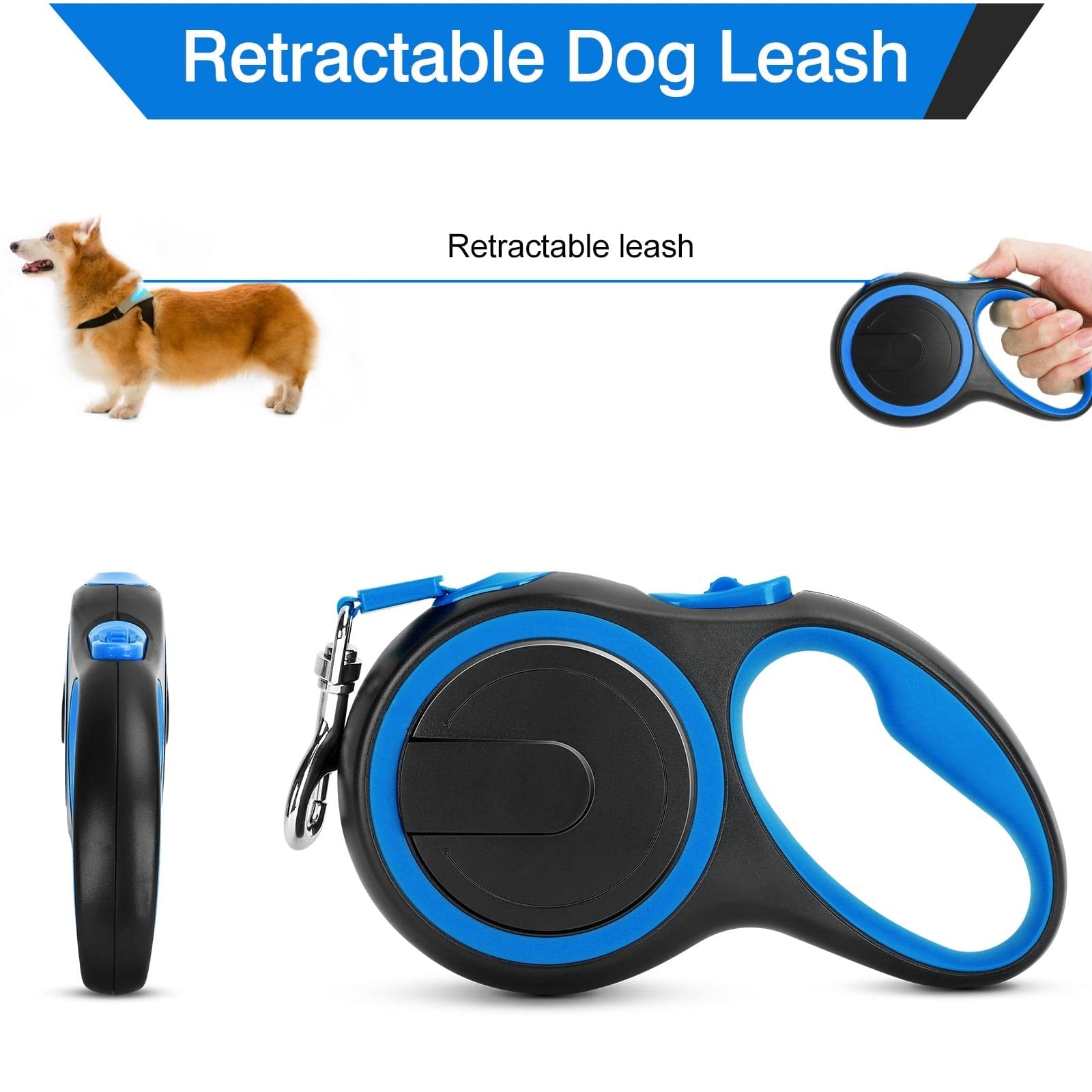 UrbanX 15ft Retractable Dog Leash - Strong Nylon Tape with Anti-Slip Handle & One-Handed Brake System for Medium Dogs Like Australian Stumpy Tail Cattle Dog | Perfect for Training, Walking, and Outdoor Adventures (Blue)