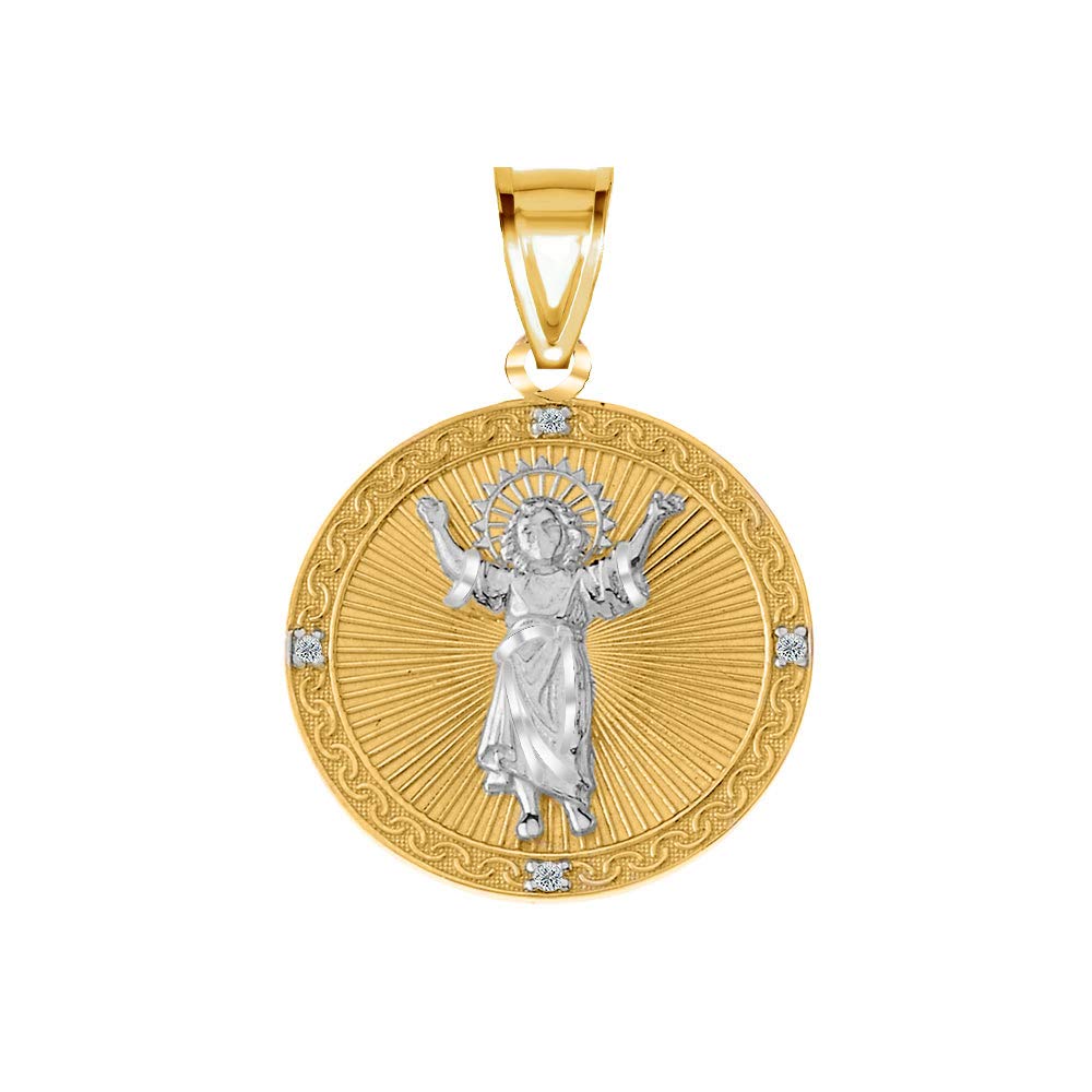 10K Two-Tone Gold Round Divine Infant Jesus Medal Pendant with Diamonds - Religious Jewelry for Baptism, First Communion & Spiritual Protection