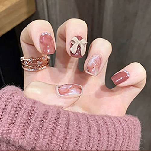 Obmyec 24Pcs Short Square Press On Nails - Pink Glossy Fake Nails with Bow Knot Design, Acrylic Artificial Nails for Women & Girls | Perfect for Parties, Weddings, Date Nights & Special Occasions