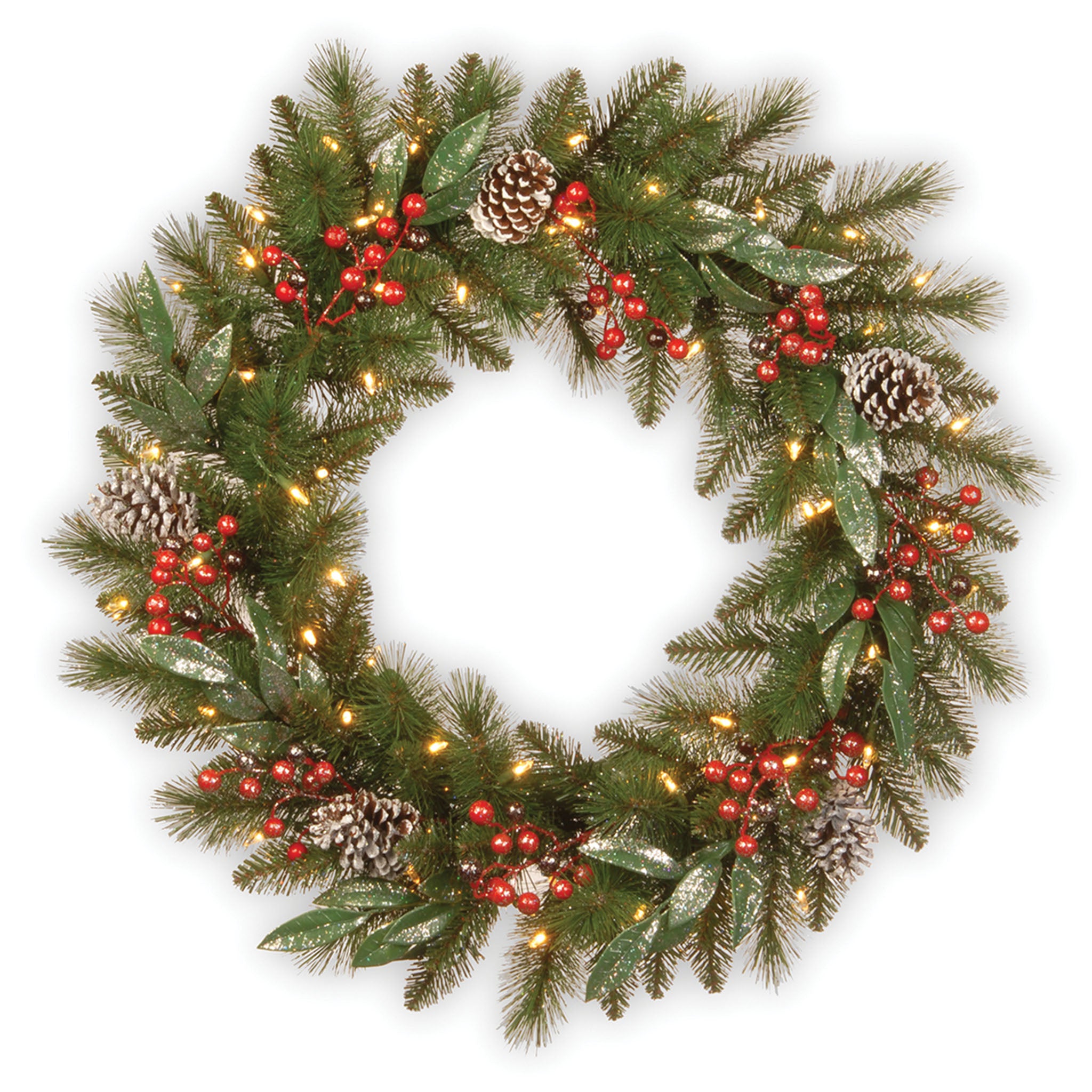 30 Inch Pre-Lit Frosted Pine Berry Wreath with Warm White LED Lights - Perfect for Christmas Door Decor, Holiday Home Decoration & Winter Mantel Display