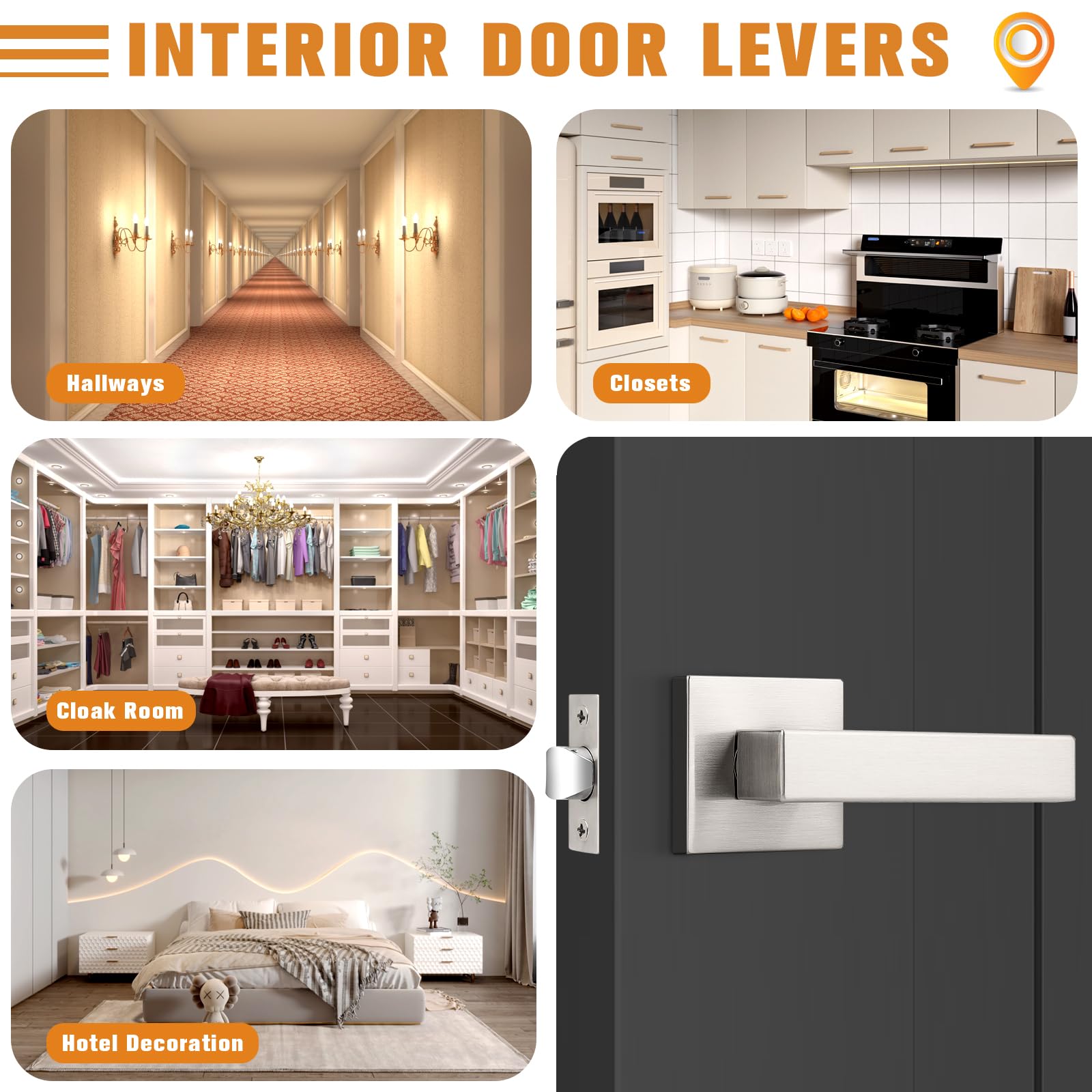 Probrico 10-Pack Brushed Nickel Passage Door Levers with Lock - Heavy Duty Square Interior Door Handles for Left & Right Handed Doors (Keyless) - Perfect for Closet, Hallway, Bedroom & Office Doors