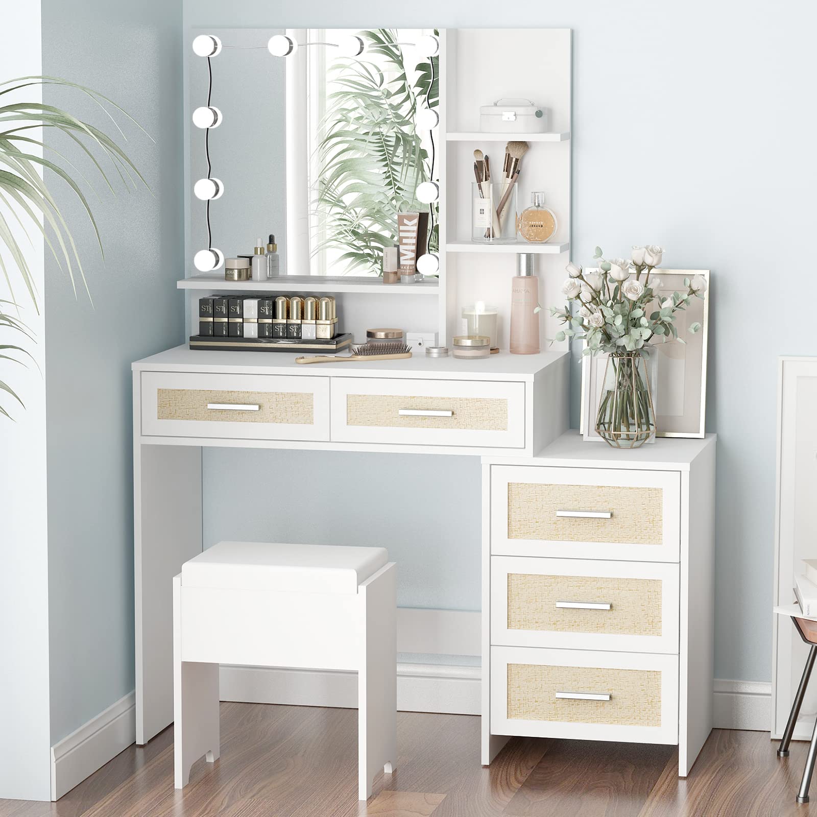 Boho Makeup Vanity Desk with Mirror & Lights - Rattan Dressing Table Set with Nightstand, 5 Drawers, 10 LED Bulbs & Cushioned Stool - White Metal Silver Handle Vanity for Bedroom, Dressing Room & Home Decor