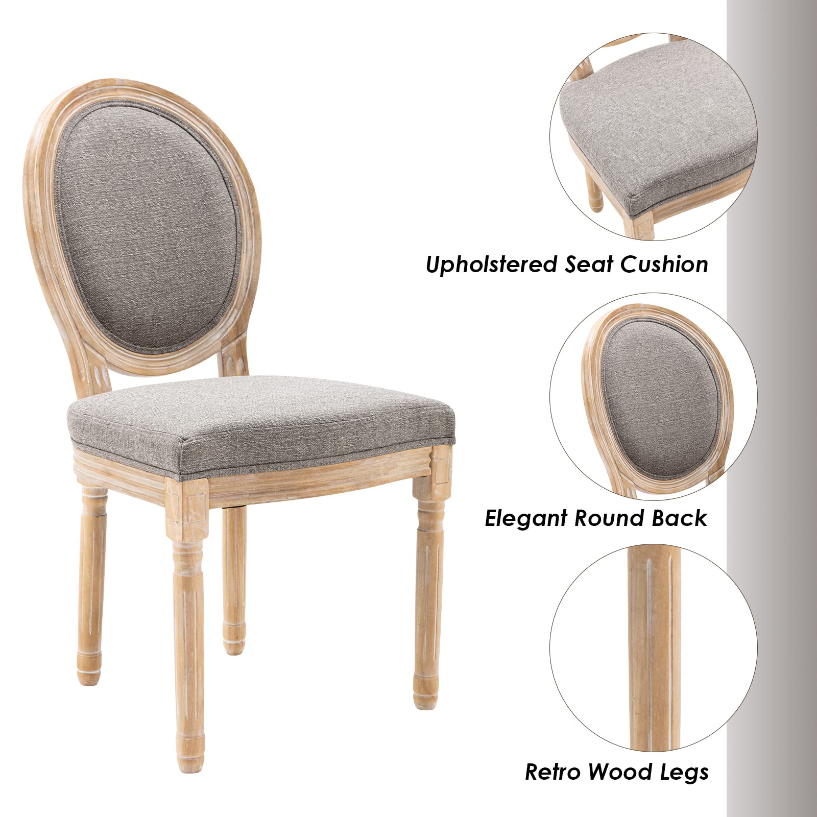 Guyou 4-Piece Upholstered Dining Chairs Set - Distressed Driftwood French Country Vintage Style with Round Fabric Back, Grey - Perfect for Kitchen, Dining Room & Living Room Accent Seating