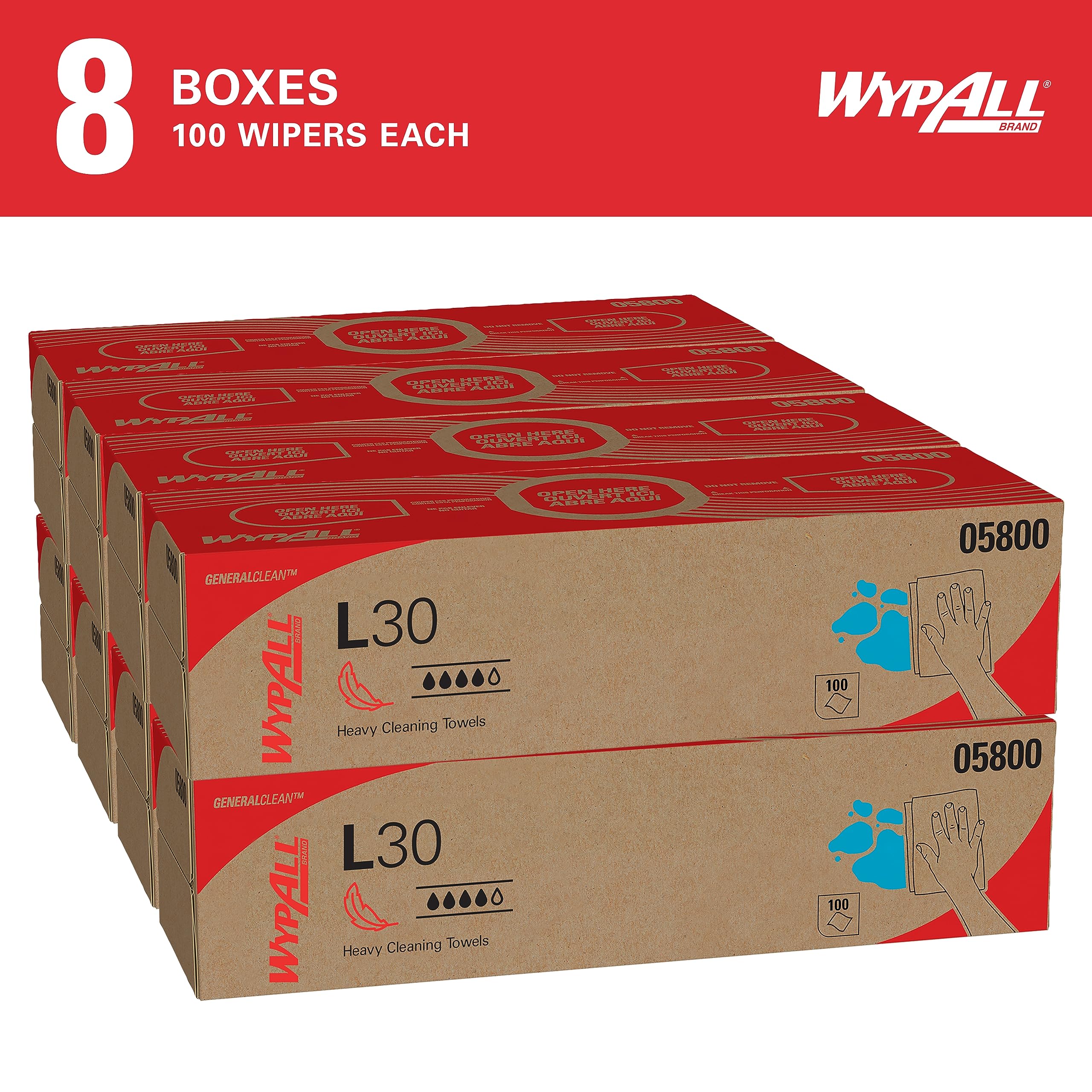 WypAll GeneralClean L30 Heavy Duty Cleaning Wipes (05800) - 8 Packs of 100 Sheets (800 Total) | Strong & Soft White Towels in Pop-Up Box | Ideal for Industrial, Garage & Workshop Cleaning