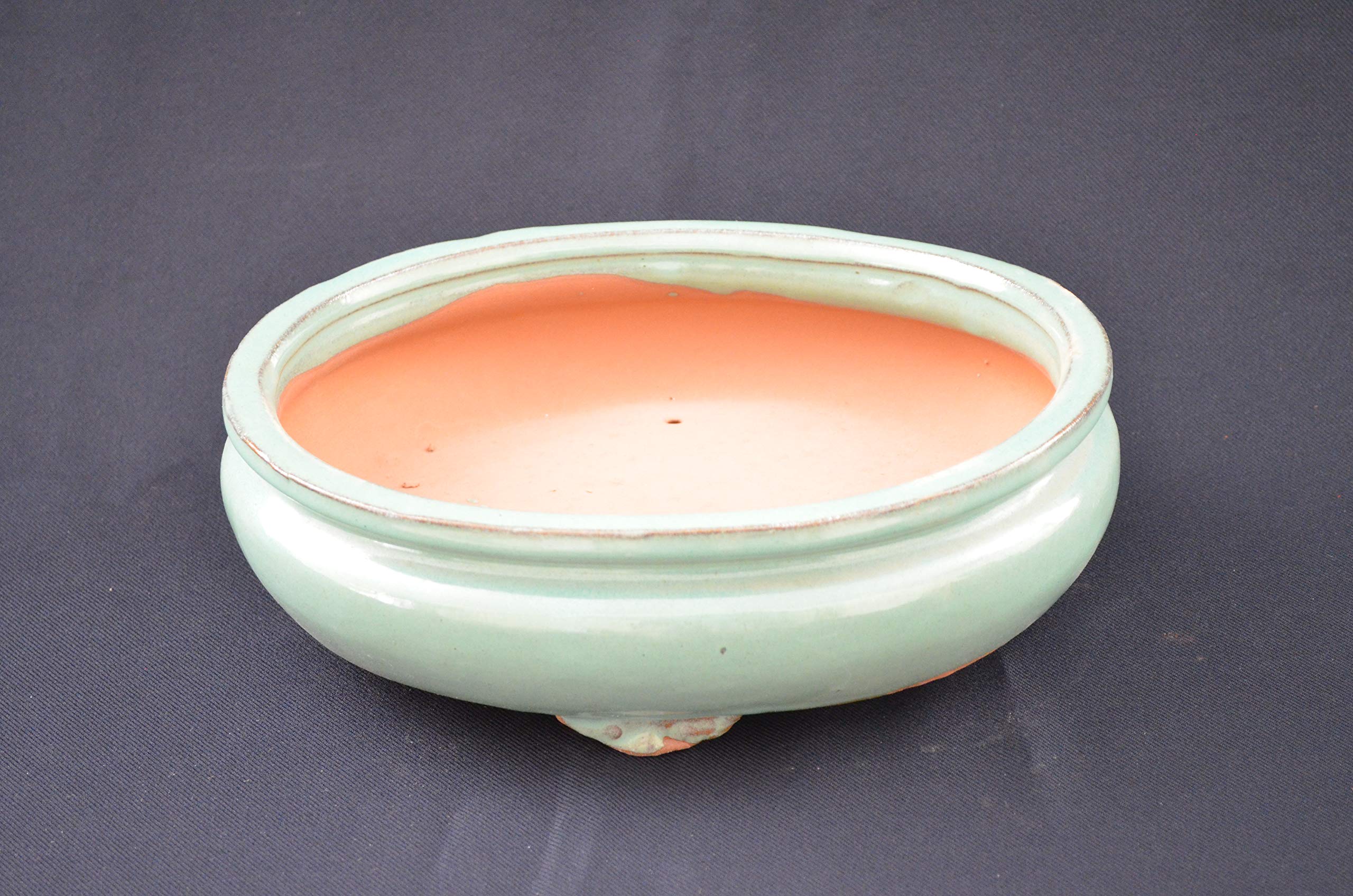 10 Inch Green Glazed Ceramic Bonsai Pot with Drainage Holes - Oval Plant Container for Indoor/Outdoor Bonsai Trees, Succulents & Small Plants