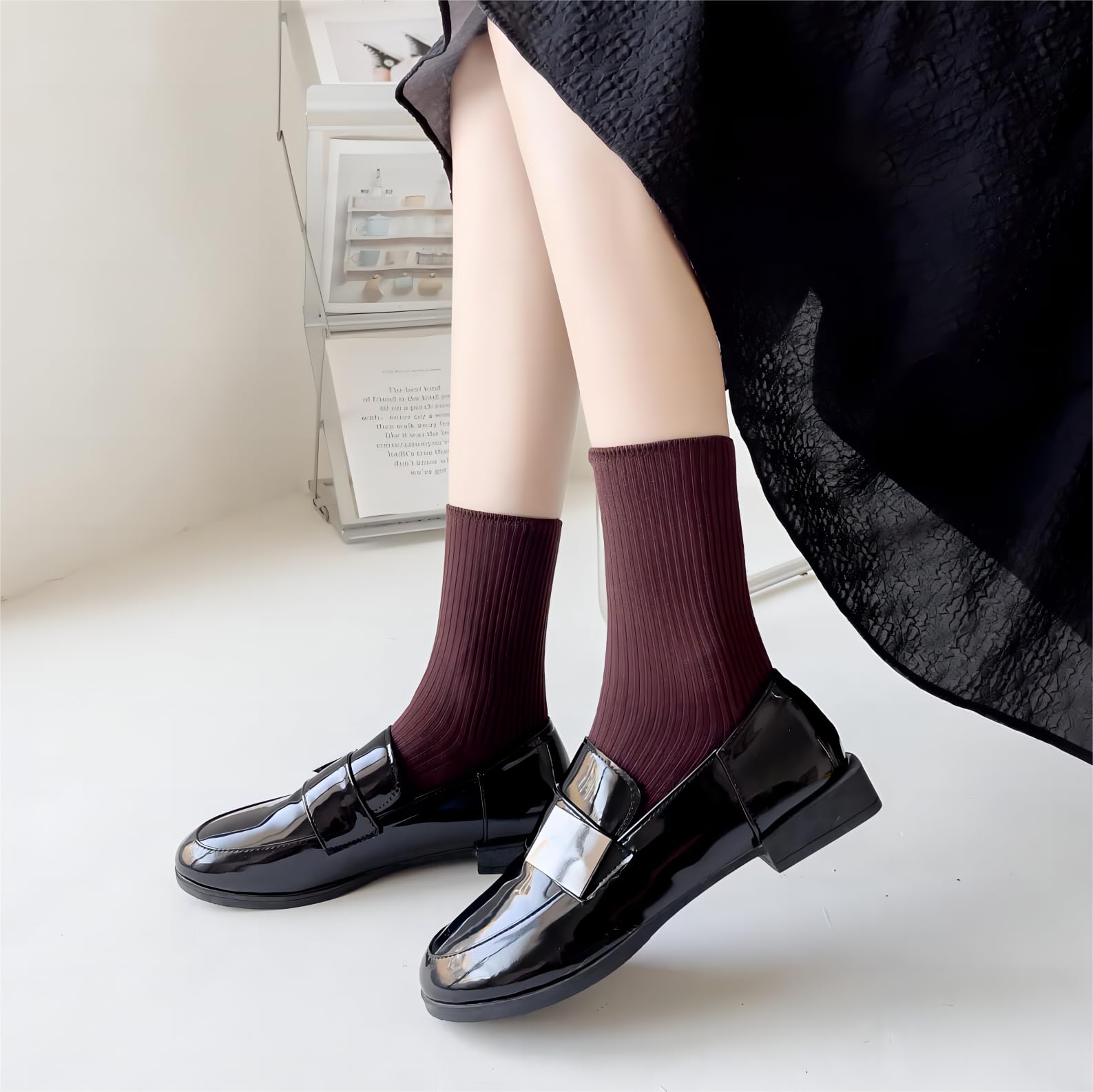 Women's Solid Striped Textured Ribbed Knit Crew Socks - 5 Pairs Soft Thin Cotton Breathable Casual Socks for Business & Daily Wear - Perfect for Office, Travel and Home Comfort