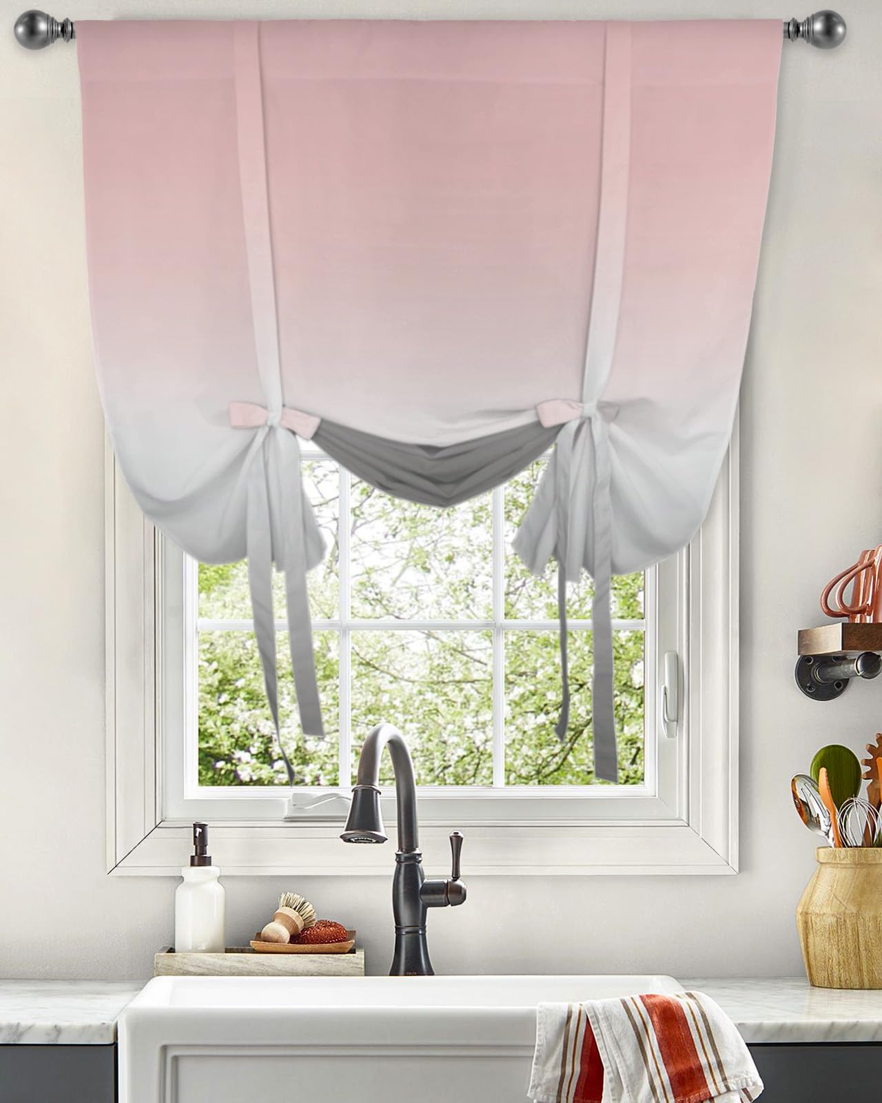 Ombre Pink and Gray Balloon Window Shade Curtain - Rod Pocket Design, Adjustable Tie-Up Short Curtain for Small Windows (42