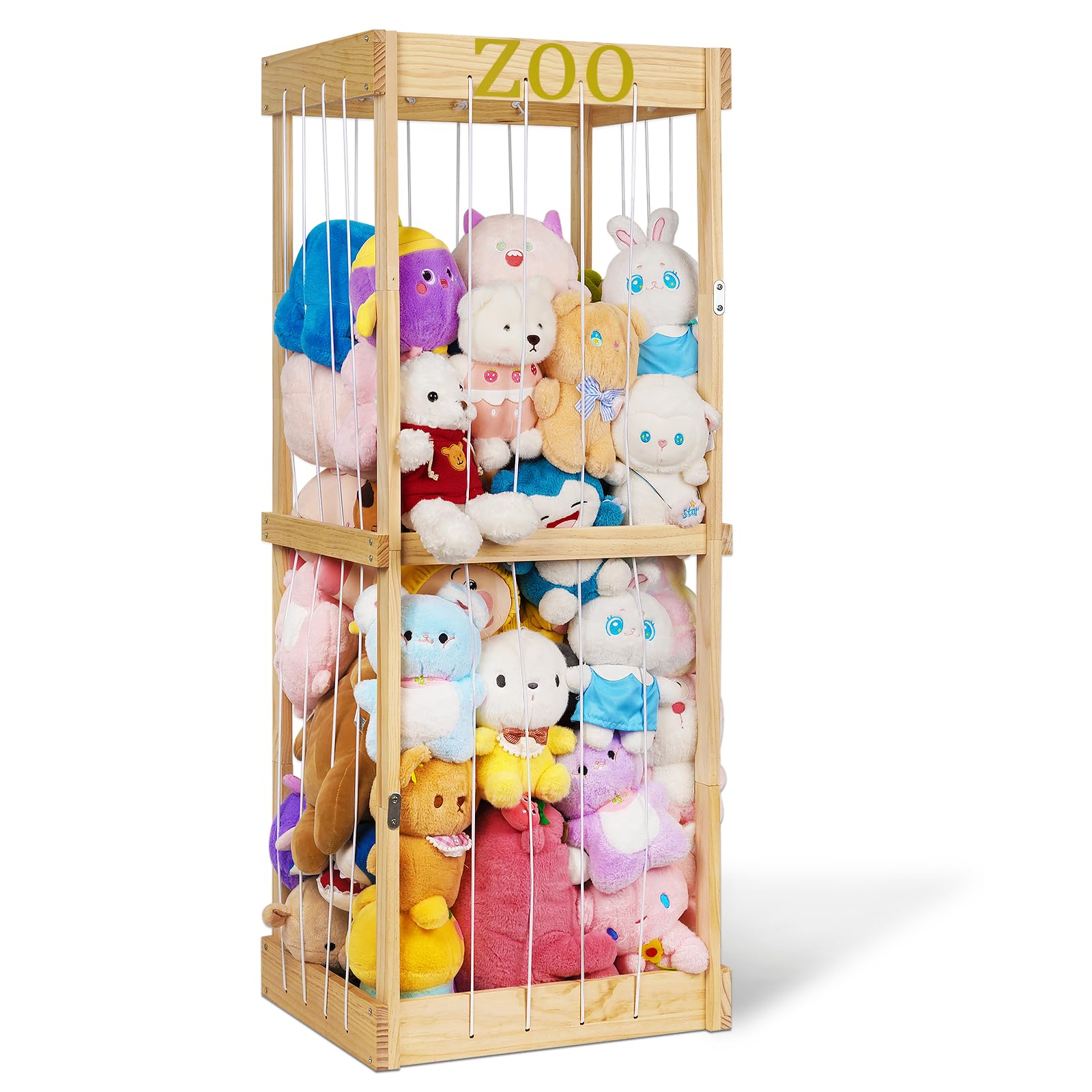 Trycooling Wooden Stuffed Animal Storage Cage with Zoo Pattern Elastic Band - Organizer for Plush Toys in Nursery, Playroom, Bedroom | Durable Zoo-Themed Toy Storage Solution for Kids' Rooms & Daycare Centers