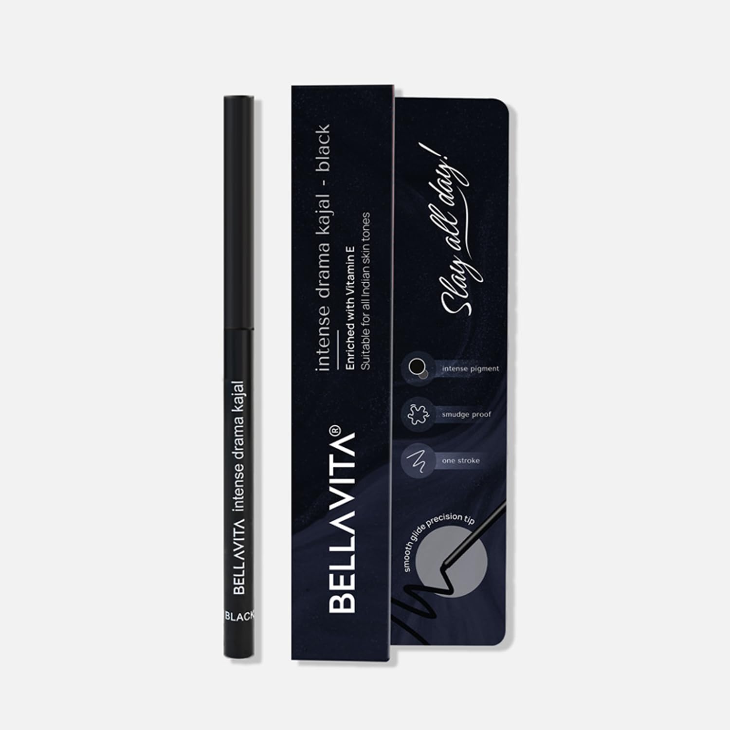 BELLAVITA Intense Drama Kajal Eyeliner - Black, Highly Pigmented, Smudge-Proof & Long Lasting (0.3g) - Infused with Vitamin E & Almond Oil for Glossy Finish - Perfect for Day & Night Makeup Looks