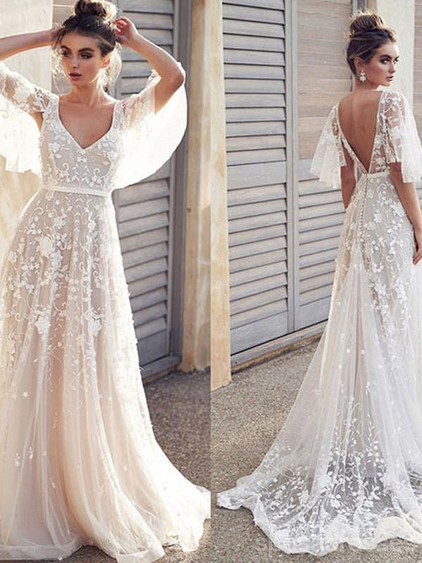 Elegant Half Sleeve A-Line V-Neck Backless Handmade Lace Wedding Dress (WD736) - Perfect for Beach, Garden & Vintage Theme Weddings