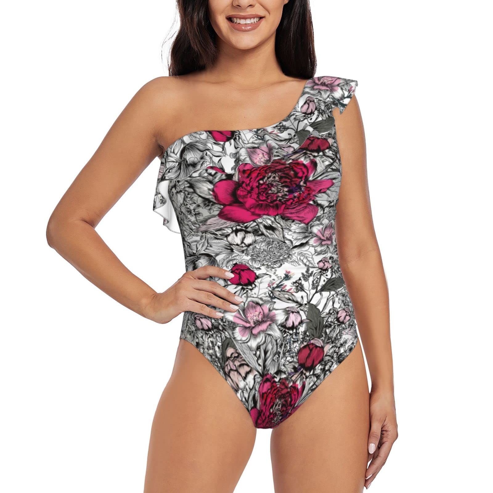 **Asymmetric One Shoulder Ruffle Swimsuits for Women - Floral Print One Piece Bathing Suit | Beach Vacation, Pool Party & Summer Getaway**