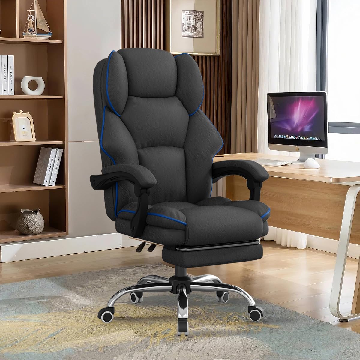 Ergonomic Reclining Office Chair with Footrest - High Back Executive Desk Chair for Gaming & Work, Comfortable Leather Computer Chair with Wheels - Perfect for Home Office, Gaming Setup & Workspaces