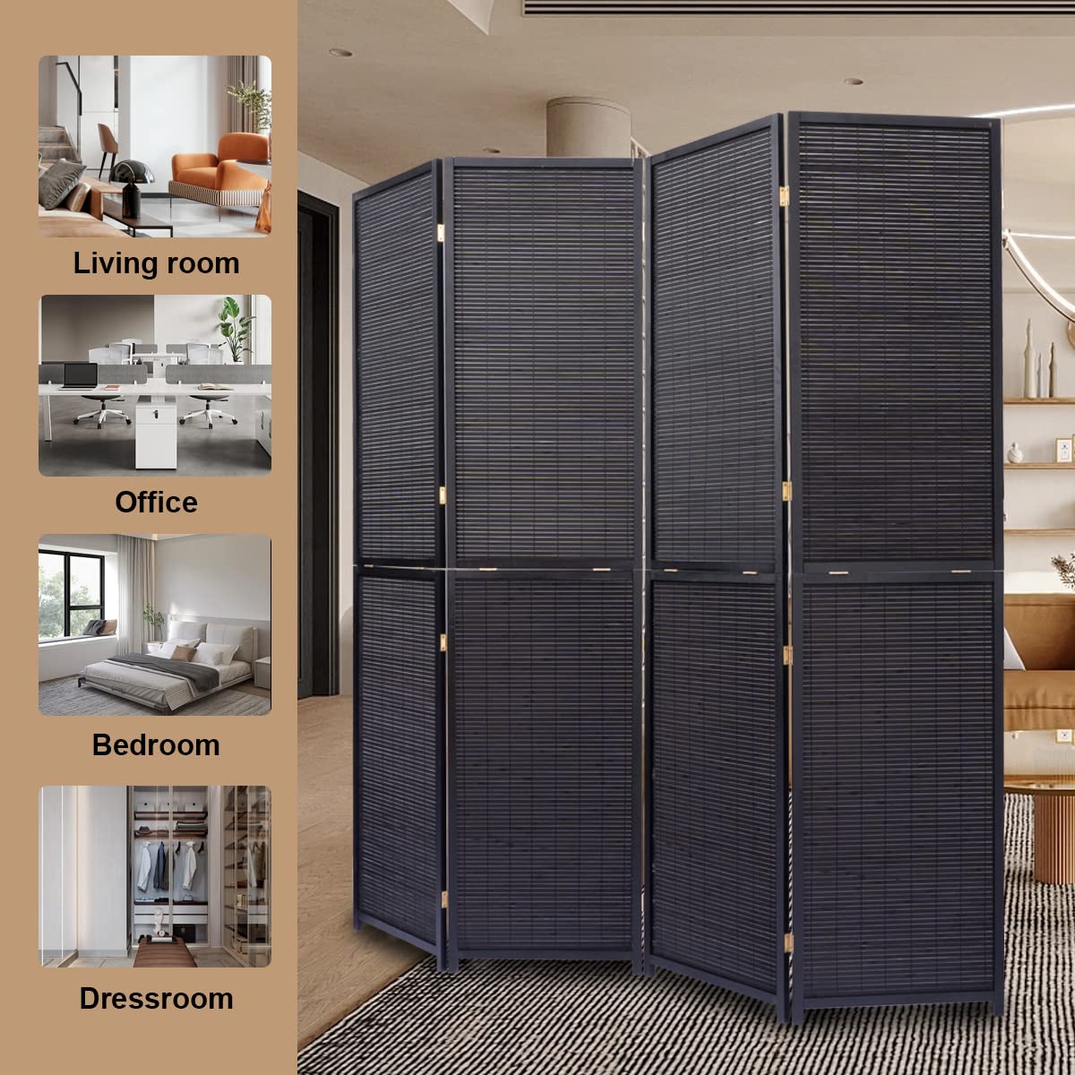 JVVMNJLK 4 Panel Bamboo Room Divider - Folding Privacy Screen & Wall Partition for Home Office, Bedroom Separation - Portable Freestanding Room Divider with Woven Mesh Design (Black) - Perfect for Creating Privacy in Living Rooms, Studios, and Workspaces
