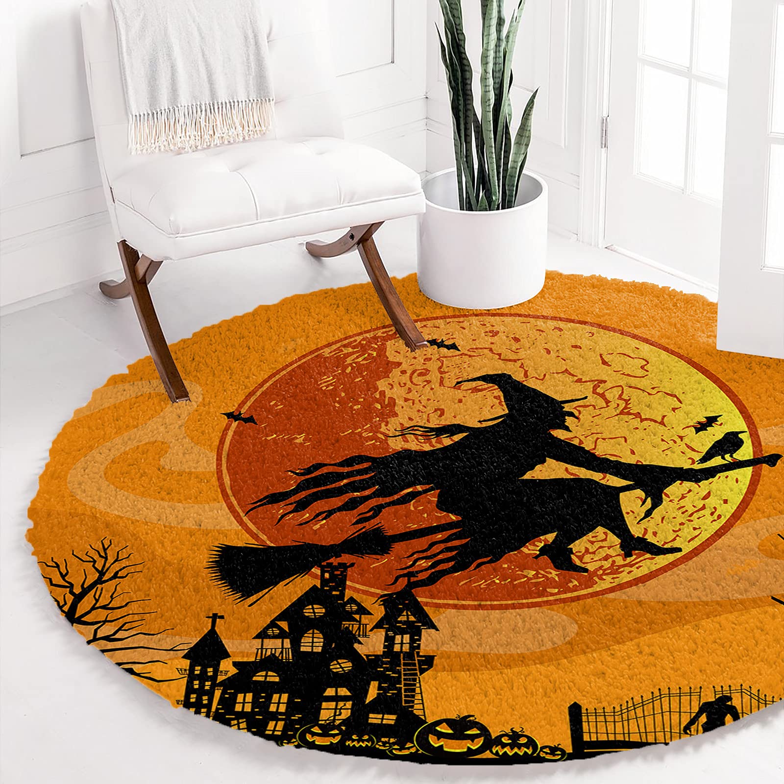 Halloween Orange Full Moon Non-Slip Area Rug - Soft Plush Round Carpet with Flying Witch Broomstick Design, Water Absorbent Floor Mat for Living Room, Kids Room, Bedroom (60 Inch) - Perfect for Halloween Decor, Cozy Home Accent & Themed Party Decorations