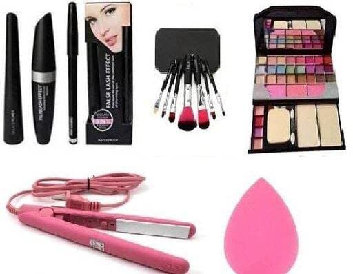 TYA 6155 Professional Makeup Kit for Women & Girls - 7 Black Brushes, Matte Fixer Spray, Makeup Base Primer, Mini Hair Straightener & 3 Beauty Blenders (14-Piece Set) | Perfect for Daily Makeup, Cosplay, Bridal Looks & Travel Beauty Essentials