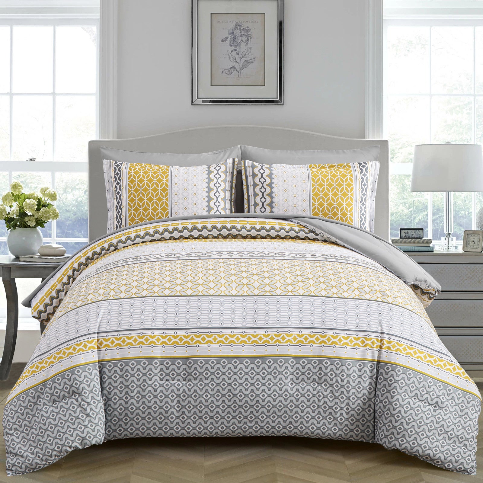 Floral Stripes King Size Comforter Set - 3 Piece Luxury Bedding with Pillowcases for Master Bedroom & Guest Room Decor