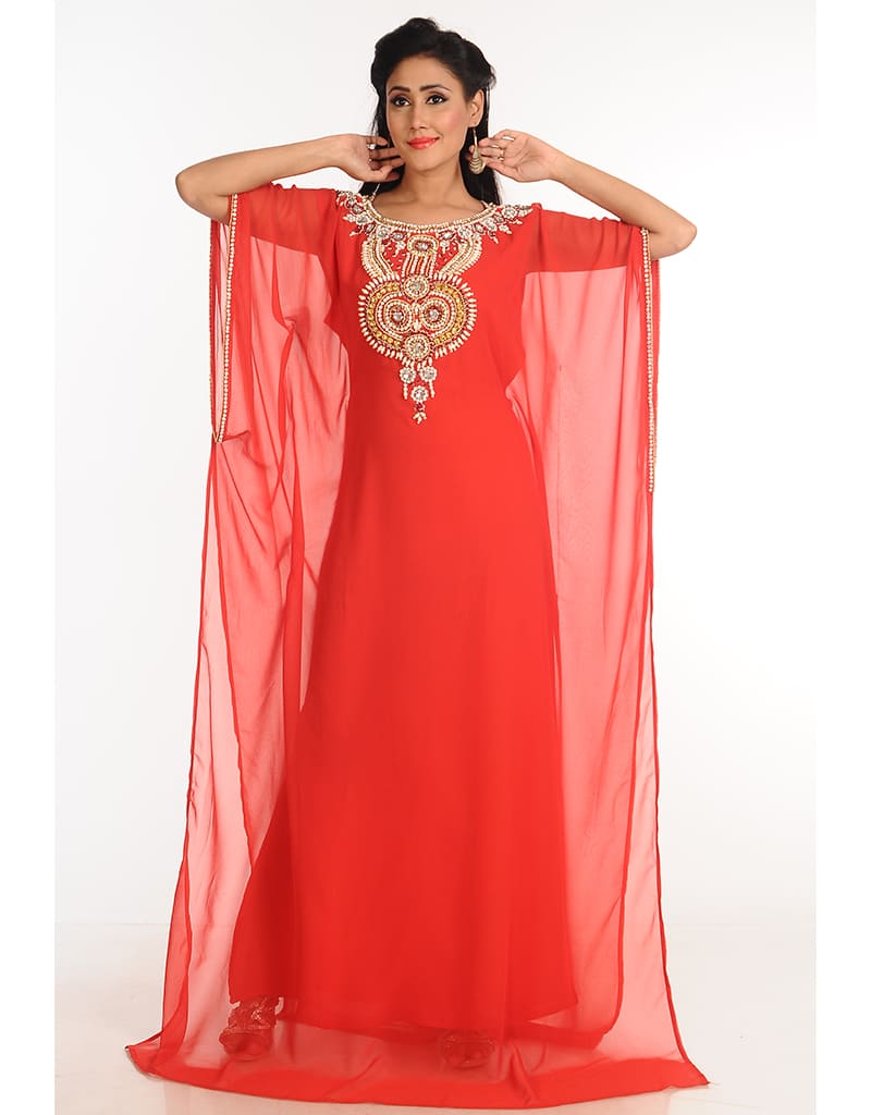 Exquisite Arabic Red Georgette Farasha with Handcrafted Zari Embroidery - Perfect for Weddings, Festivals & Special Occasions