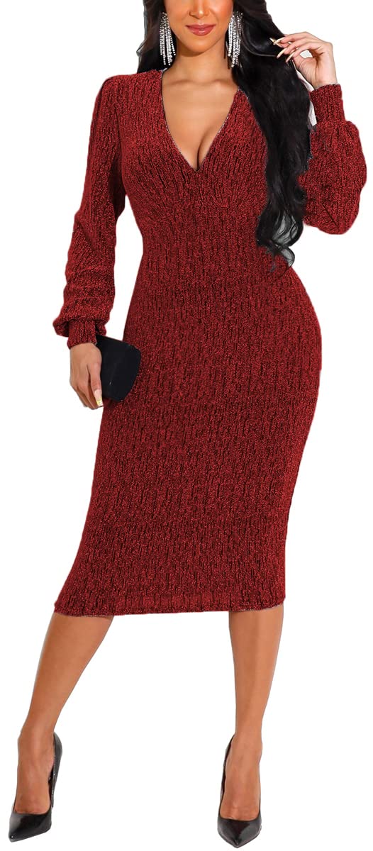 Sparkly Sequin Cocktail Dress for Women - Long Sleeve Glitter Party Dress, Elegant Midi Clubwear for Night Out, Holiday Parties & Special Occasions