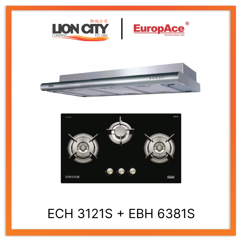 Europace ECH3121S 90cm Stainless Steel Slim Range Hood + EBH6381S 3-Burner 80cm Slim Glass Cooktop - Modern Kitchen Appliances for Home Cooking & Ventilation