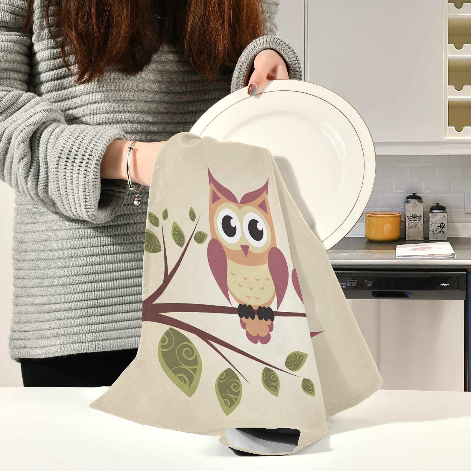 ALAZA Two Owls Decorative Kitchen Dish Towels Set of 4 - Soft & Absorbent 18x28 Inch Hand Towels for Cooking, Cleaning & Home Decor | Perfect for Holiday Gifts & Farmhouse Style Kitchens