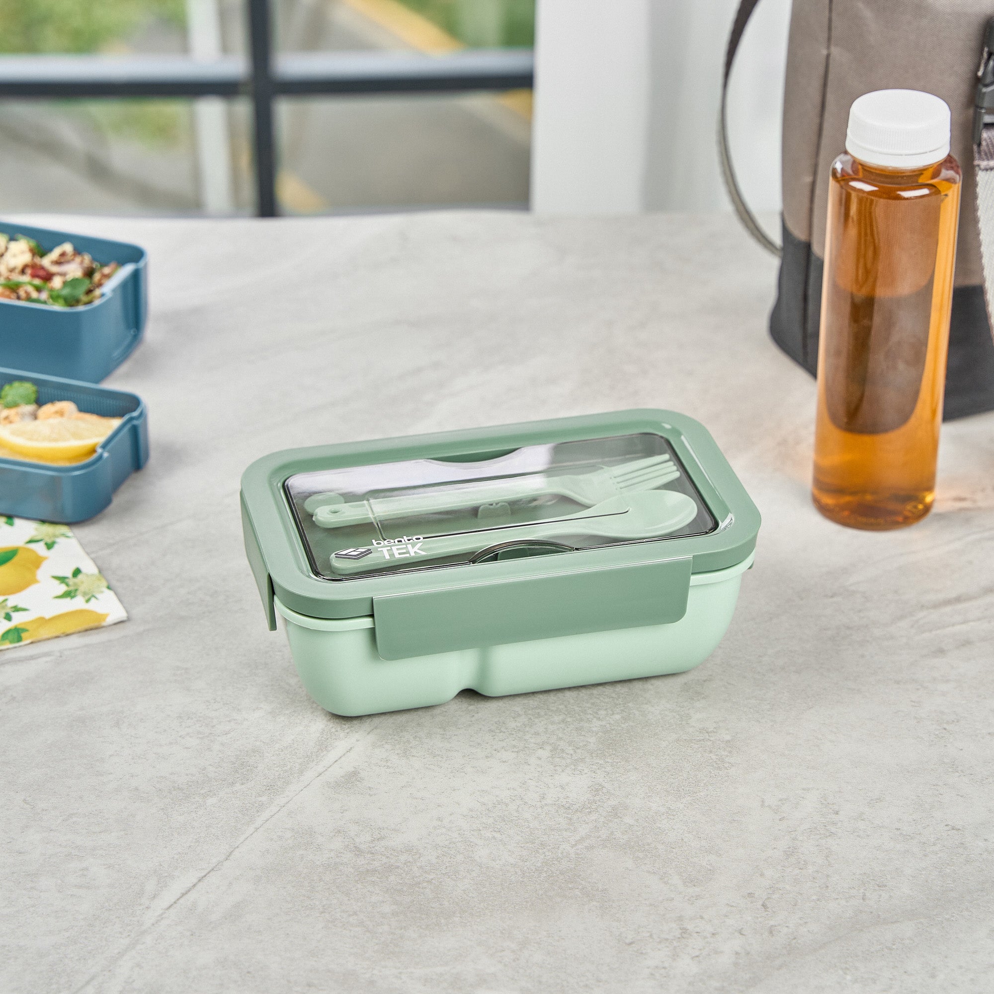 Bento Tek 29 oz Green BPA-Free Lunch Box with Fork & Spoon - Microwave Safe, Leak Proof (7.75