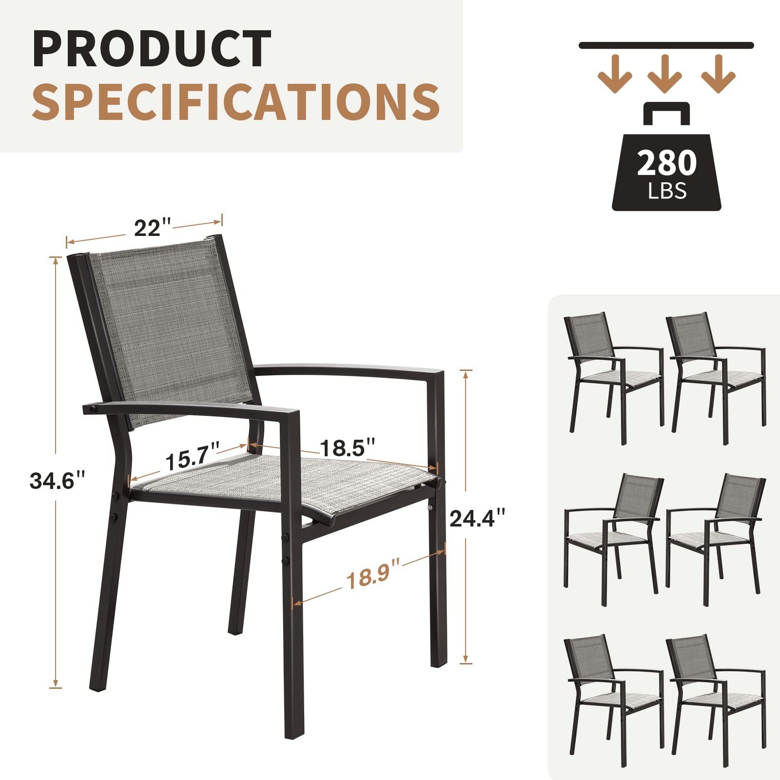 Devoko Outdoor Dining Chairs Set of 6 - Stackable Patio Chairs for Garden, Poolside & Backyard (Grey) - Weather-Resistant & Comfortable Seating for Outdoor Entertaining