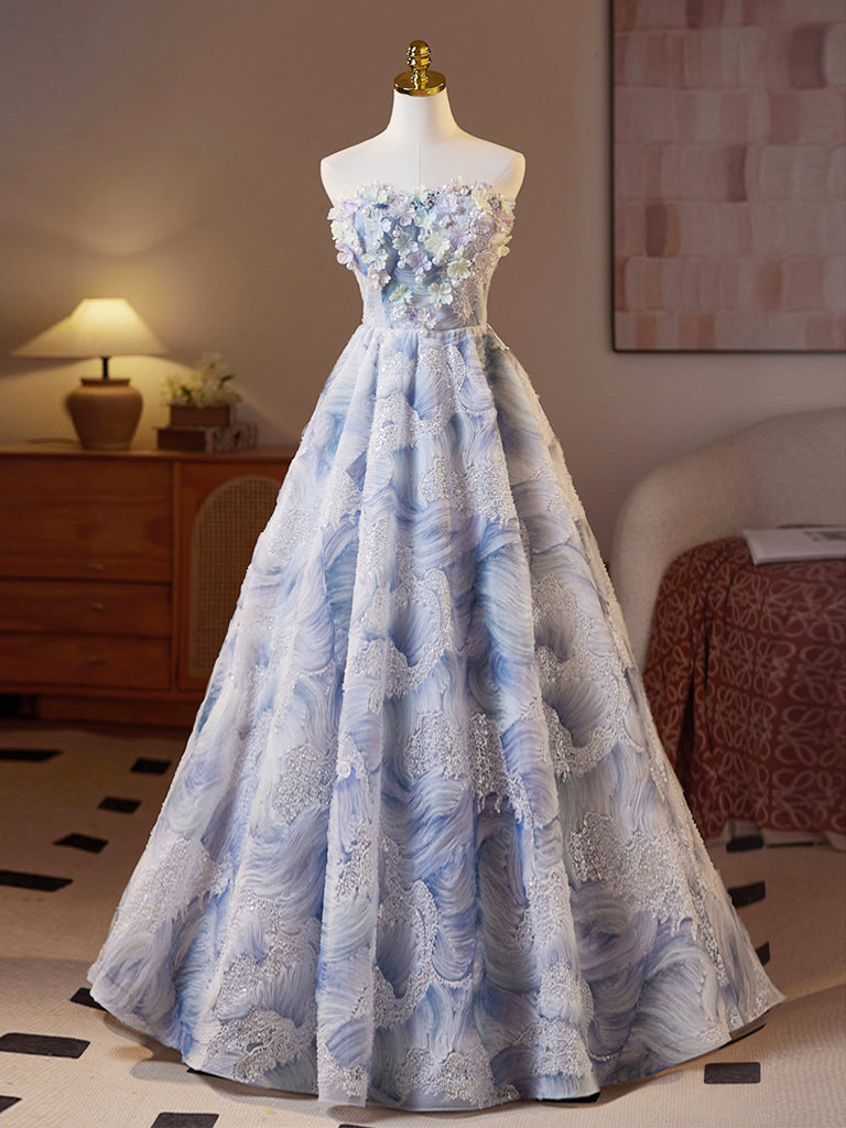 Elegant Blue A-Line Sweetheart Neckline Floral Long Prom Dress for Evening Gala, Homecoming, and Formal Events