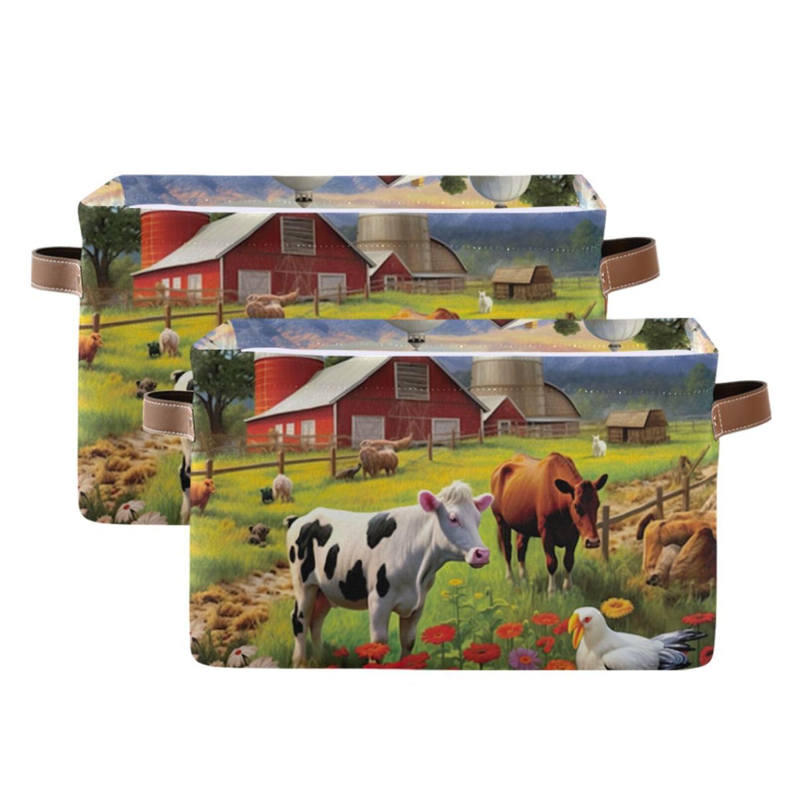 Farm Animals Storage Baskets - Foldable Canvas Fabric Organizer Box with Handles, 2 Pack - Perfect for Home, Office, Closet & Shelf Organization | Great for Toys, Clothes & Decorative Storage