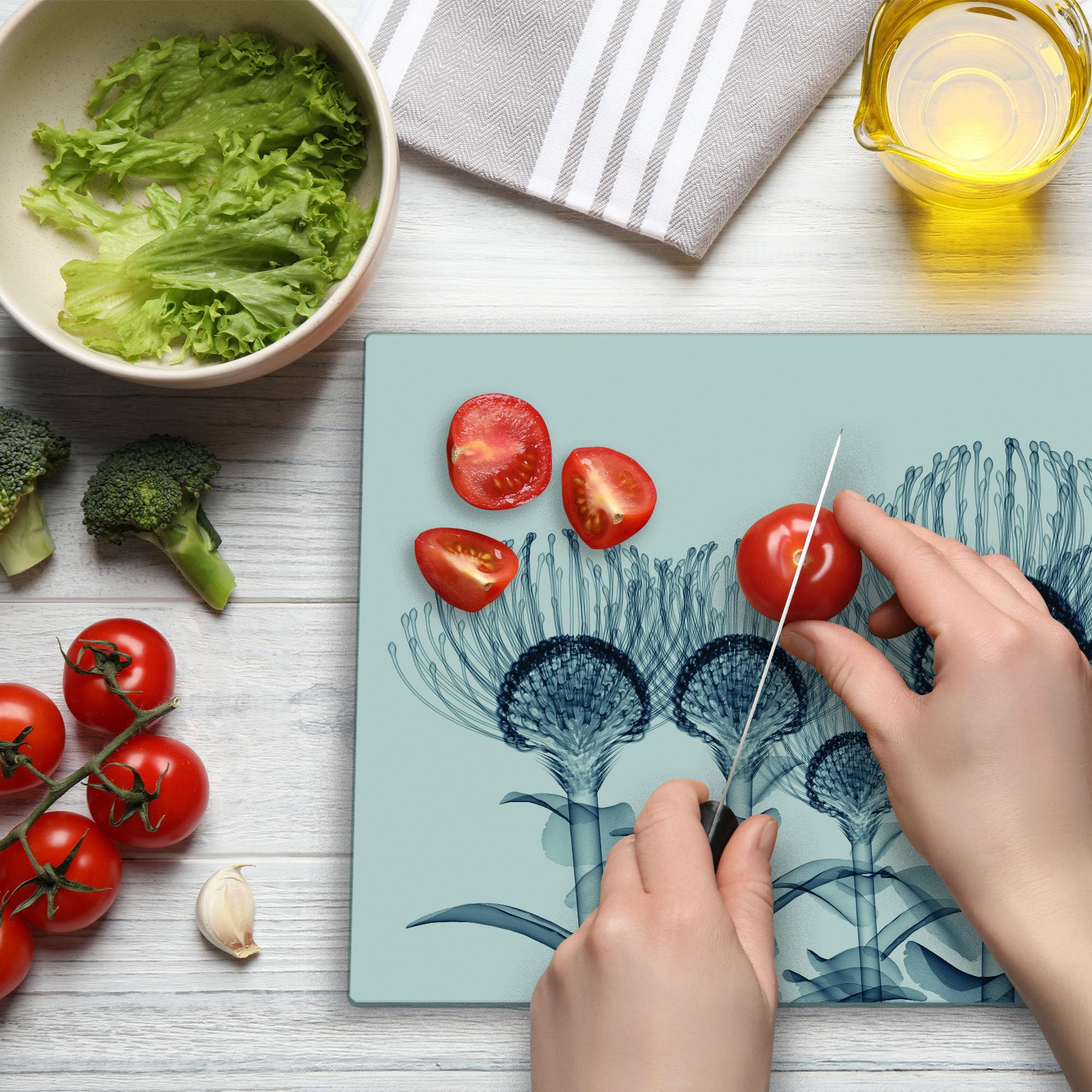 Lunarable Floral Glass Cutting Board - Exotic Plants X-Ray UV Print, Large Tempered Glass Serving Board for Kitchen & Entertaining, Teal & White - Perfect for Cheese, Charcuterie & Party Platters