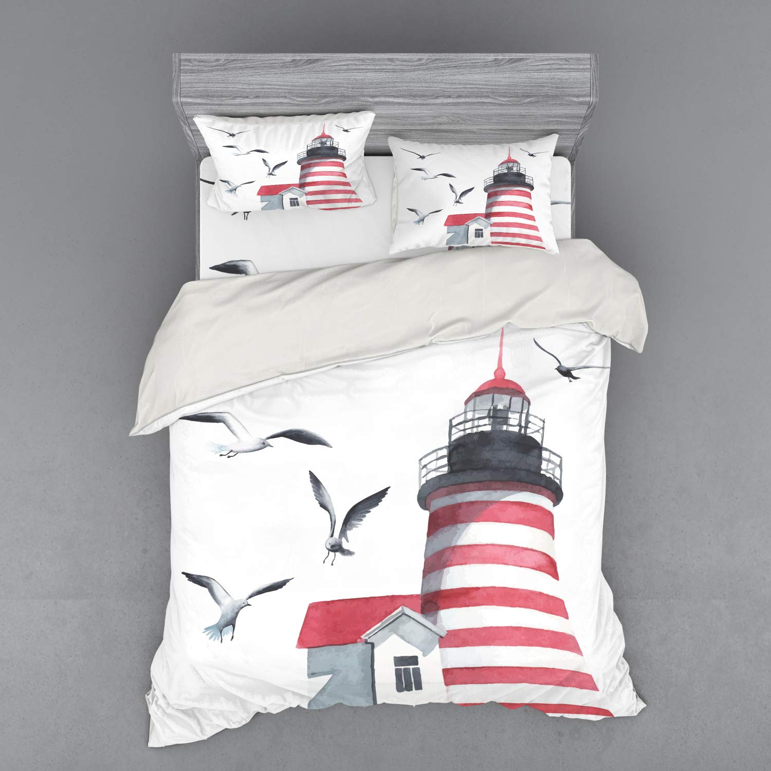 Ambesonne Lighthouse Bedding Set - Queen Size 4-Piece Duvet Cover with Shams & Fitted Sheet, Coastal Nautical Theme with Seagulls & Beach Art in Red Grey White - Perfect for Beach House, Coastal Decor & Nautical Bedroom Themes