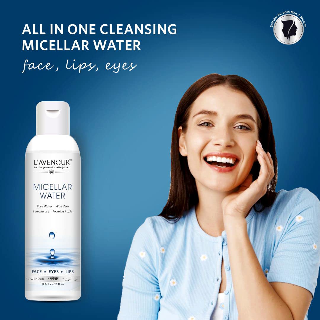 L'avenour Micellar Cleansing Water for Face, Eyes & Lips | Gentle Makeup Remover & Deep Cleanser | All Skin Types | SLS & Parabens Free | 125ml (Pack of 2) | Perfect for Travel, Daily Skincare & Quick Makeup Removal