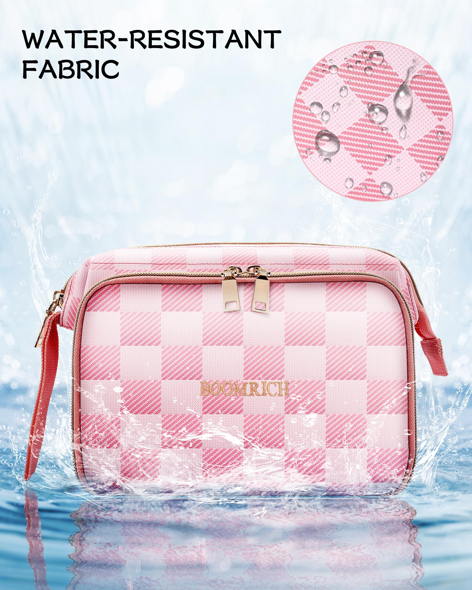 BOOMRICH Waterproof Leather Travel Makeup Bag - Large Wide-Open Cosmetic Organizer Pouch with Brush Holder, Portable Toiletry Case for Women (Pink) | Perfect for Vacation, Gym, Business Trips & Daily Essentials Storage