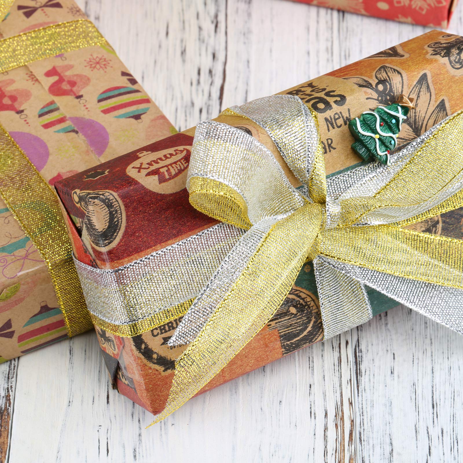 50 Yard Silver & Gold Ribbon for Christmas Tree Decorations, Gift Wrapping, Hair Bows, Floral Crafts - 4/5 Inch Wide - Perfect for Holiday DIY Projects, Party Decor, and Wedding Bouquets