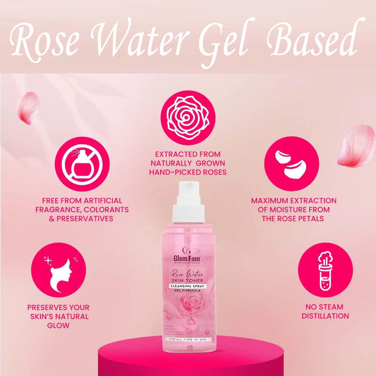 GLAM FAM Pure & Natural Rose Water Face Toner with Aloe Vera Extract | Hydrating Skin Toner & Refreshing Cleansing Wipes Combo Pack | Perfect for Daily Skincare Routine & On-the-Go Refreshment