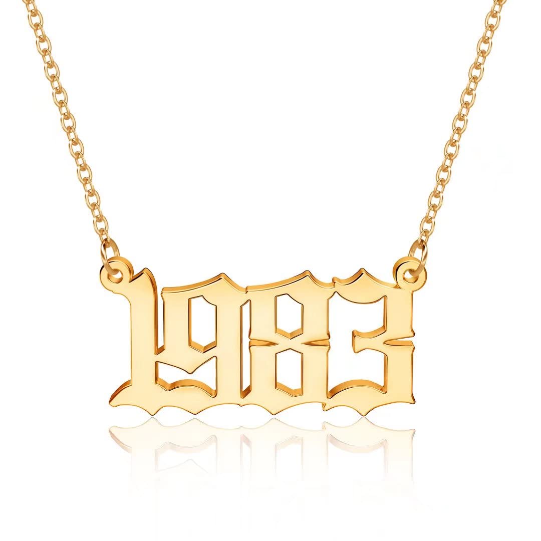18K Gold Plated Old English Birth Year Necklace for Women - Personalized Number Pendant Jewelry Gift (1970-2021) | Perfect for Birthday, Anniversary & Mother's Day Gifts