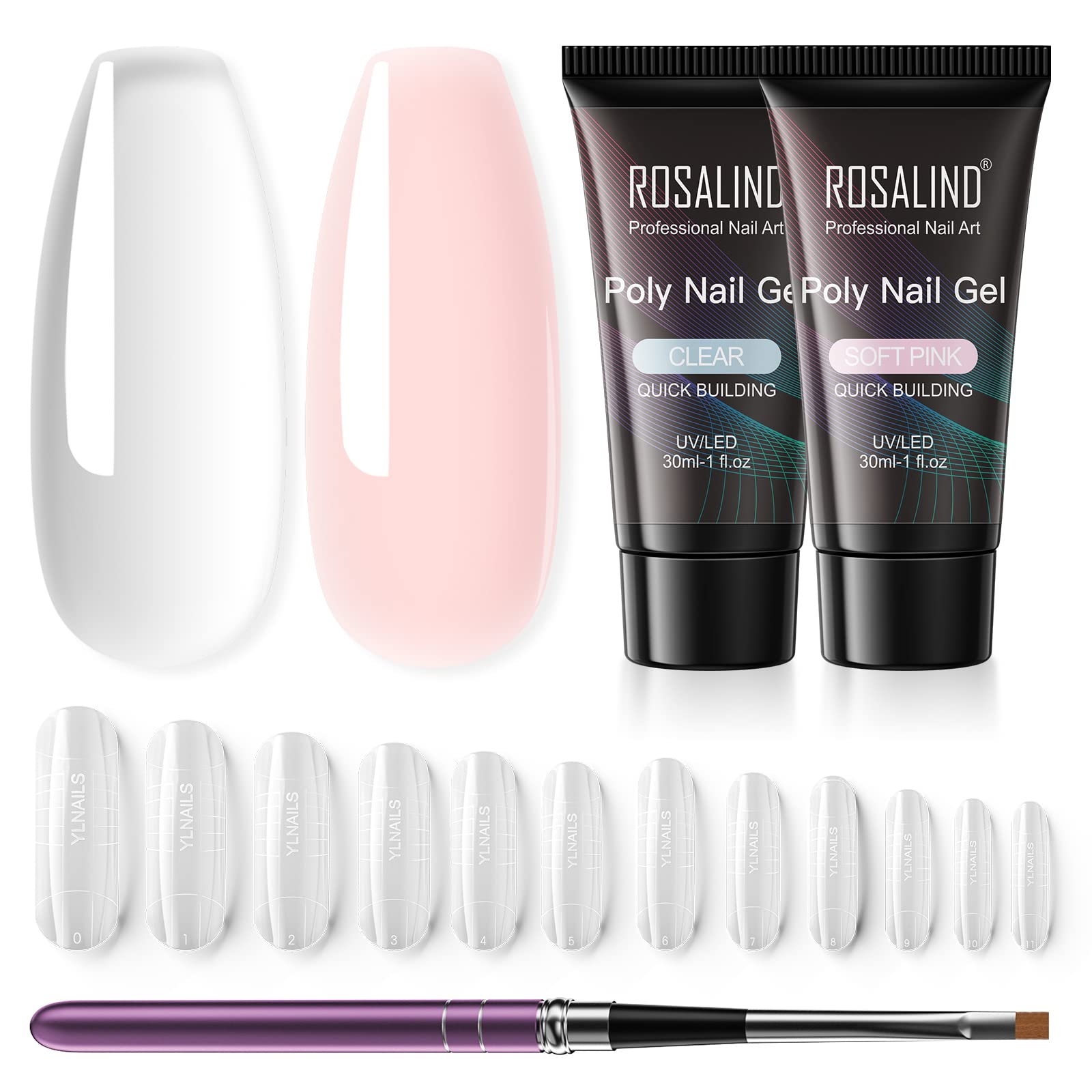 ROSALIND Acrylic Poly Nail Extension Gel Kit - 30ml Transparent Semi-Permanent Nail Gel Polish (2 Pack) with Brush & Nail Molds for Beginners - Perfect for DIY Nail Art, Salon Extensions & Home Manicures