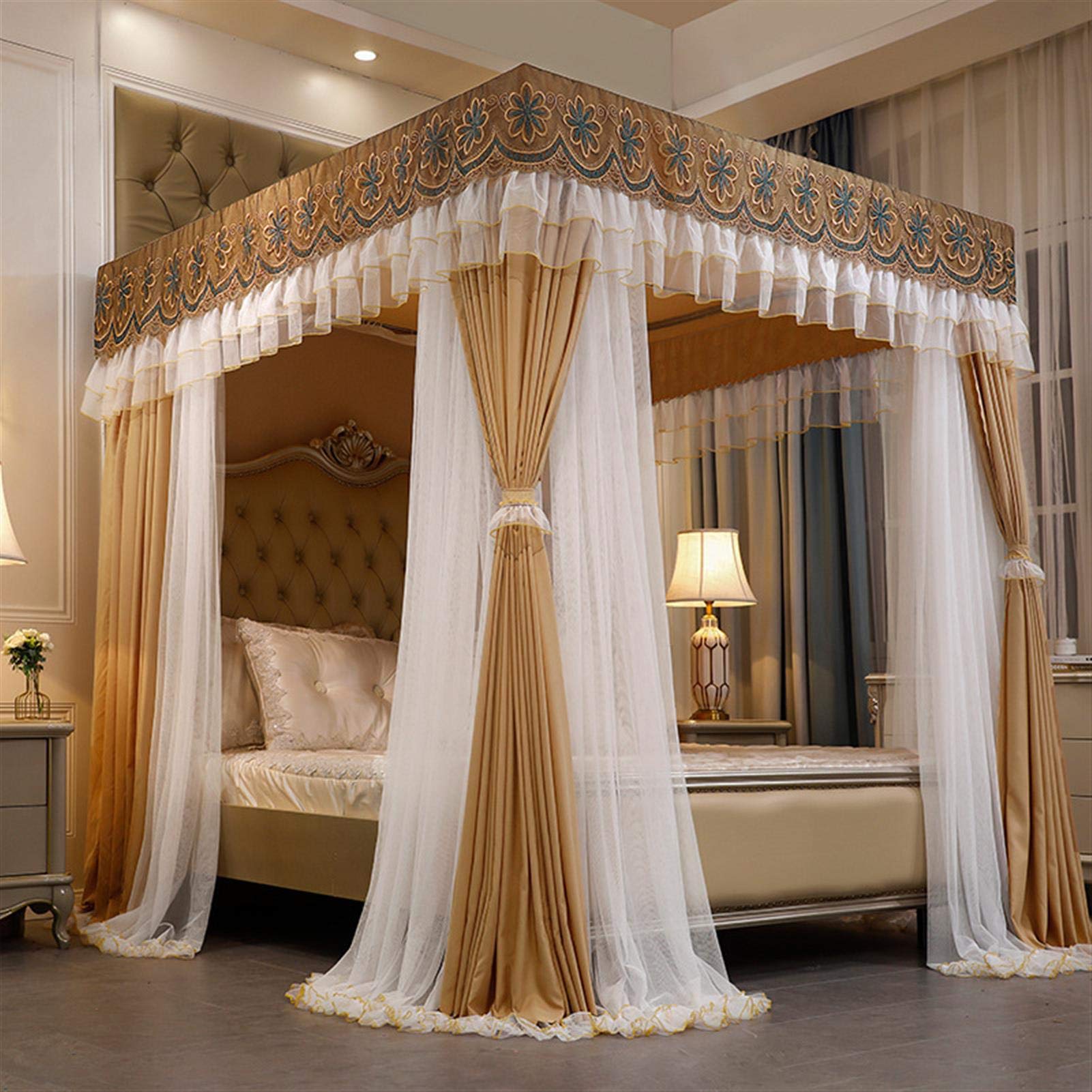 Premium SHAIRMB Bed Canopy Net - Blackout 4 Corner Post Mosquito Net with 3 Openings, Luxury Square Top Design (200×220cm/L) for Bedroom Decor & Mosquito Protection - Perfect for Master Bedrooms, Guest Rooms & Nursery