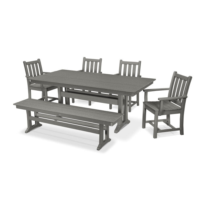 POLYWOOD Traditional Garden Arm Chair 6-Piece Farmhouse Dining Set with Trestle Legs & Bench - Outdoor Patio Furniture for Backyard, Porch, and Garden Dining