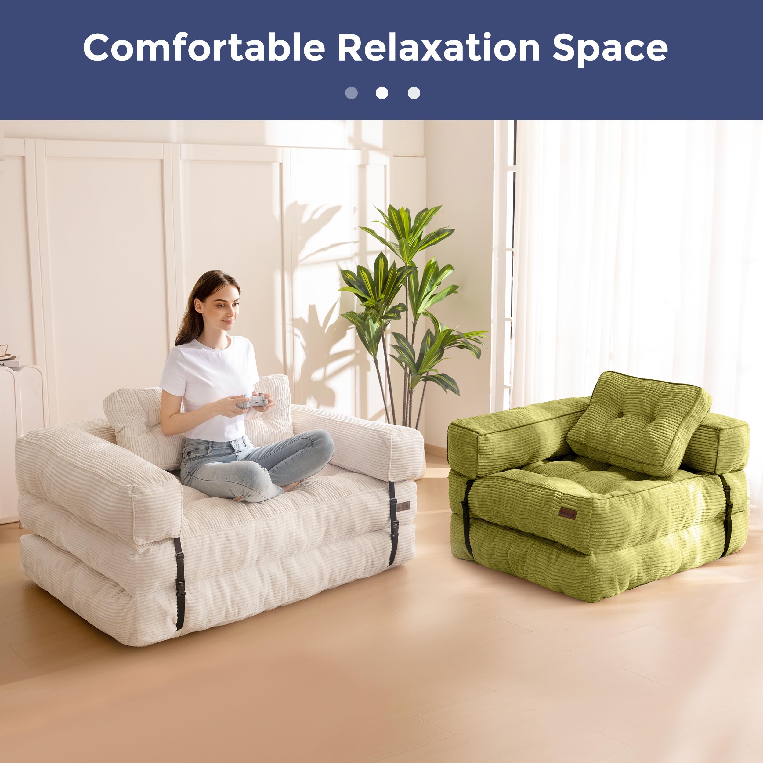 MAXYOYO L-Shaped Folding Sofa Bed - Convertible Sleeper Couch with Armrest & Pillow, Portable Fold Out Chair for Living Room & Bedroom - Comfortable Floor Lounge Sofa (Double Size, Beige) - Perfect for Small Spaces, Guest Rooms & Apartments