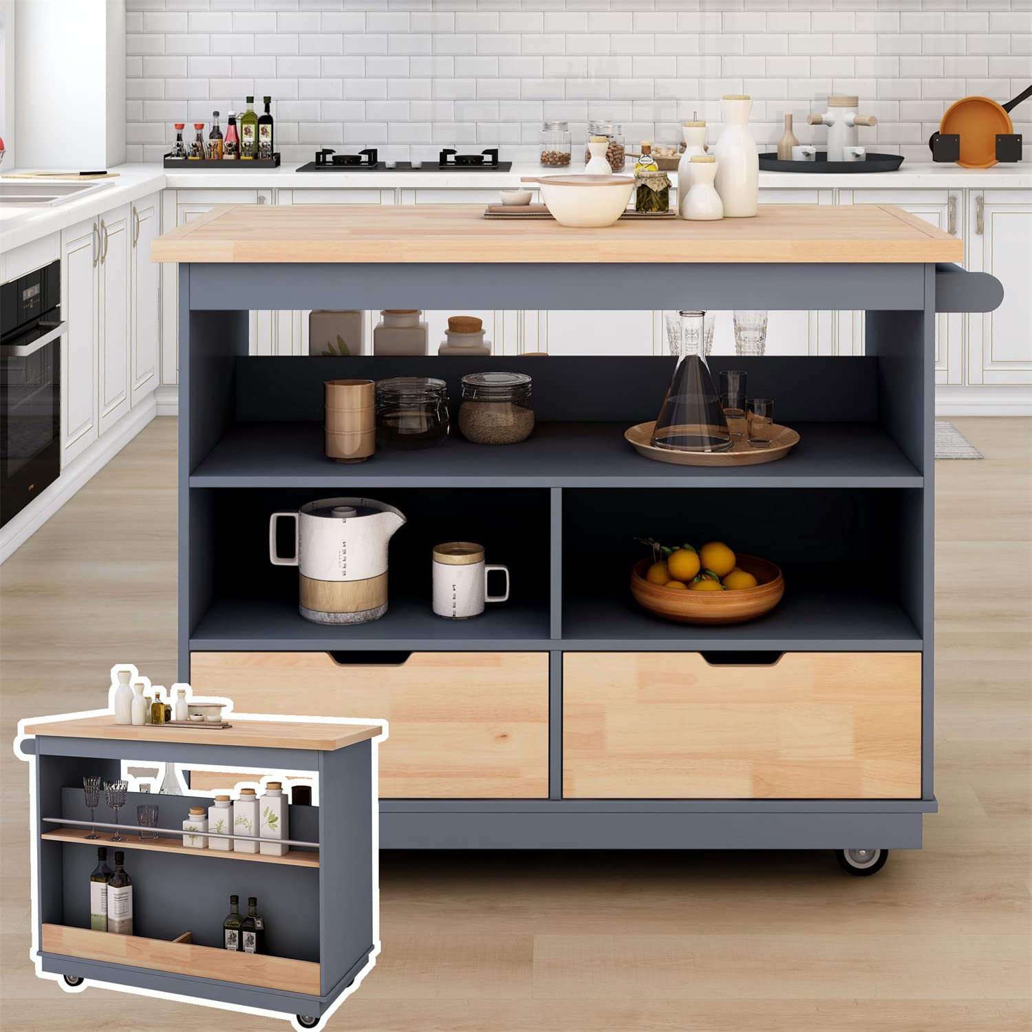 Henf Kitchen Island on Wheels with Storage - Mobile Kitchen Cart with Solid Wood Top, Spice Rack, Towel Rack, Drawer & Open Shelves - 46