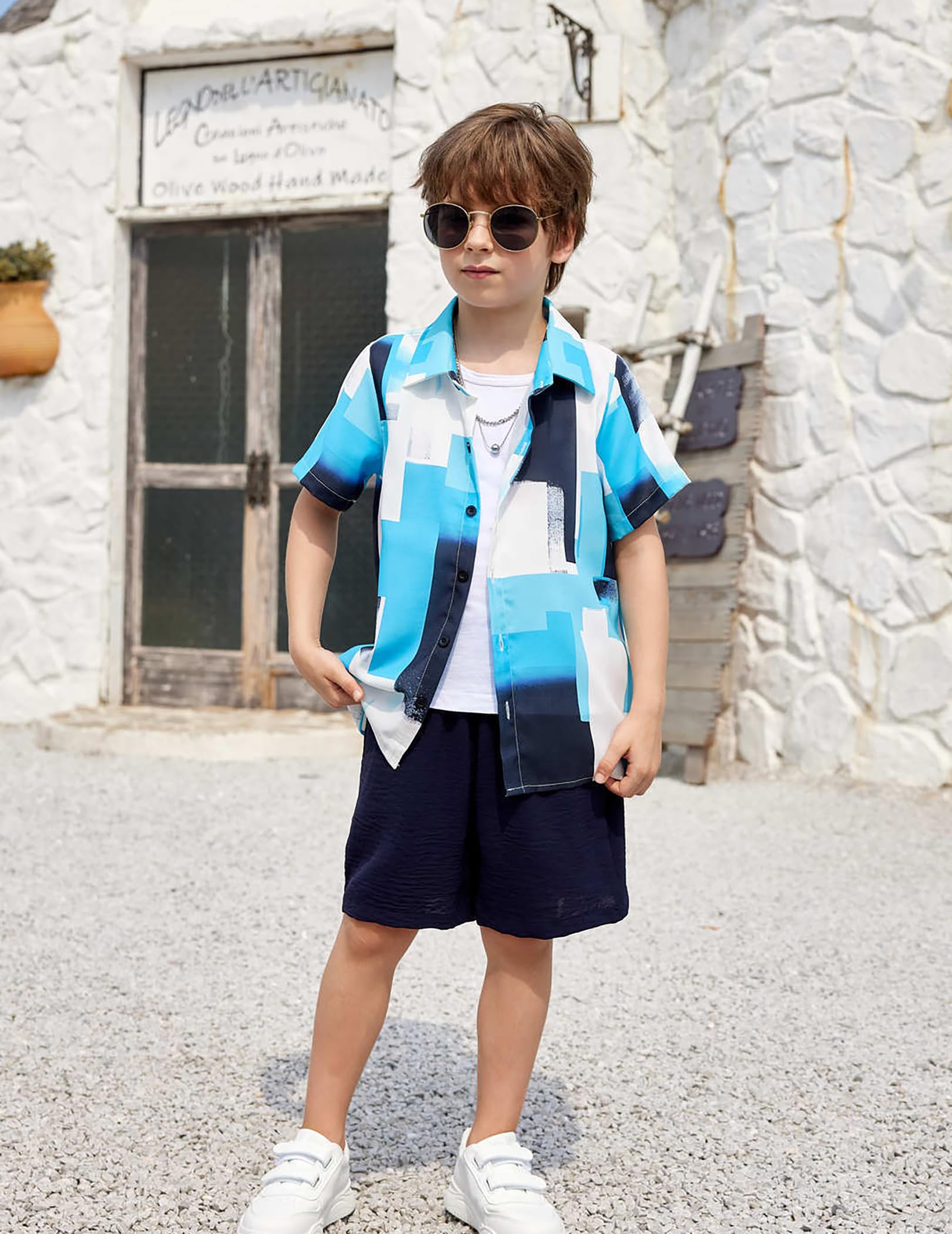 Arshiner Boys 2-Piece Hawaiian Outfit Set - Button Down Shirt & Shorts for Summer Beach Vacation | Casual Tropical Wear for Kids Ages 4-12 | Perfect for Beach Parties, Family Vacations and Summer Outings