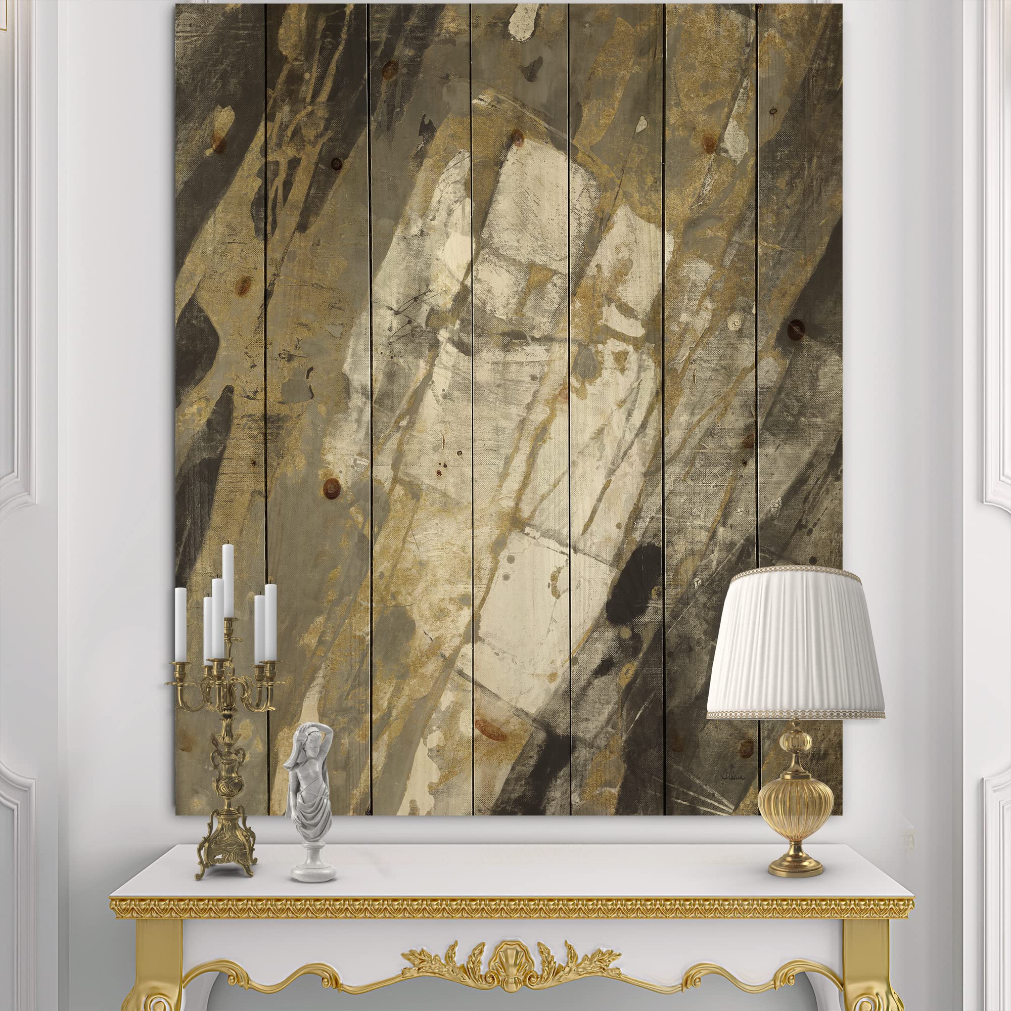 Handpainted Abstract Traditional Wood Wall Art - Gold, Black & White Large Wood Wall Decor Panels on Natural Pine - Perfect for Living Room, Bedroom & Office Decor