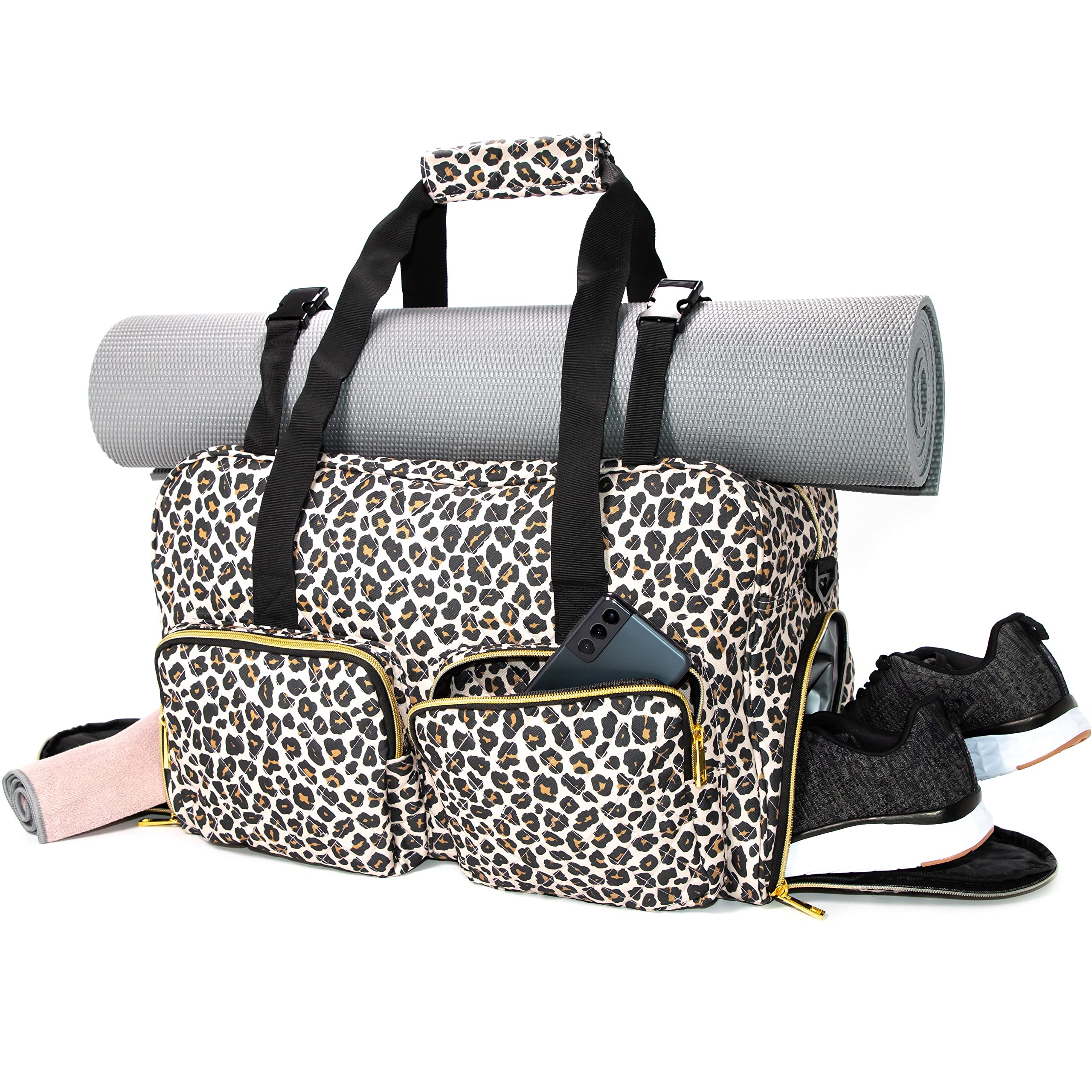 Waterproof Women's Gym Duffel Bag with Yoga Mat & Shoe Storage - Quilted Animal Print Travel Weekender for Fitness, Workout & Carry-On Luggage - Perfect for Gym, Yoga Class, Business Trips & Weekend Getaways