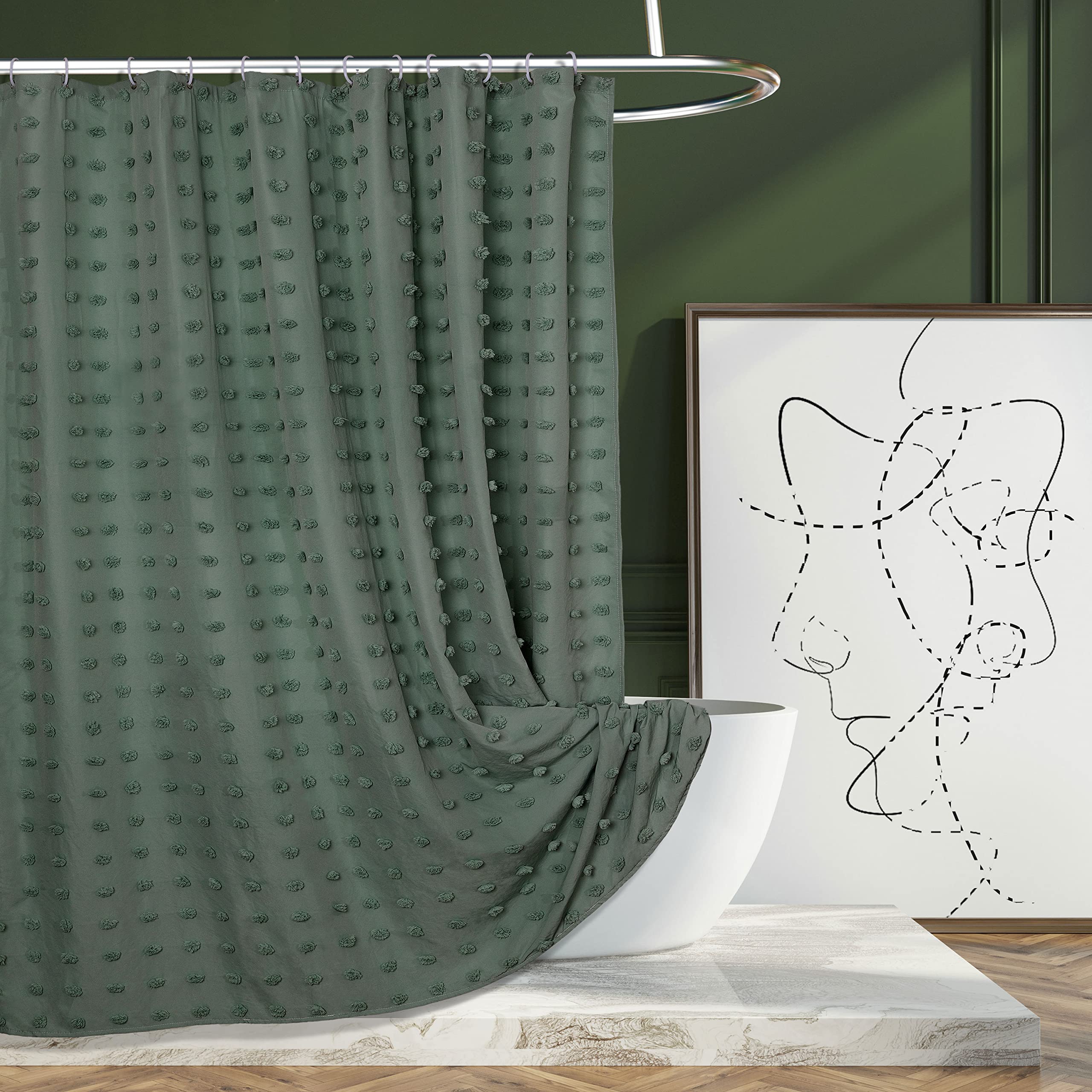 Boho Shower Curtain - 72x72 Inch Woven Fabric Bathroom Curtain with Floral Puffs, Tufted Pleat Design for Modern Farmhouse - Waterproof & Textured - Includes Hooks - Perfect for Boho, Minimalist or Vintage Style Bathrooms